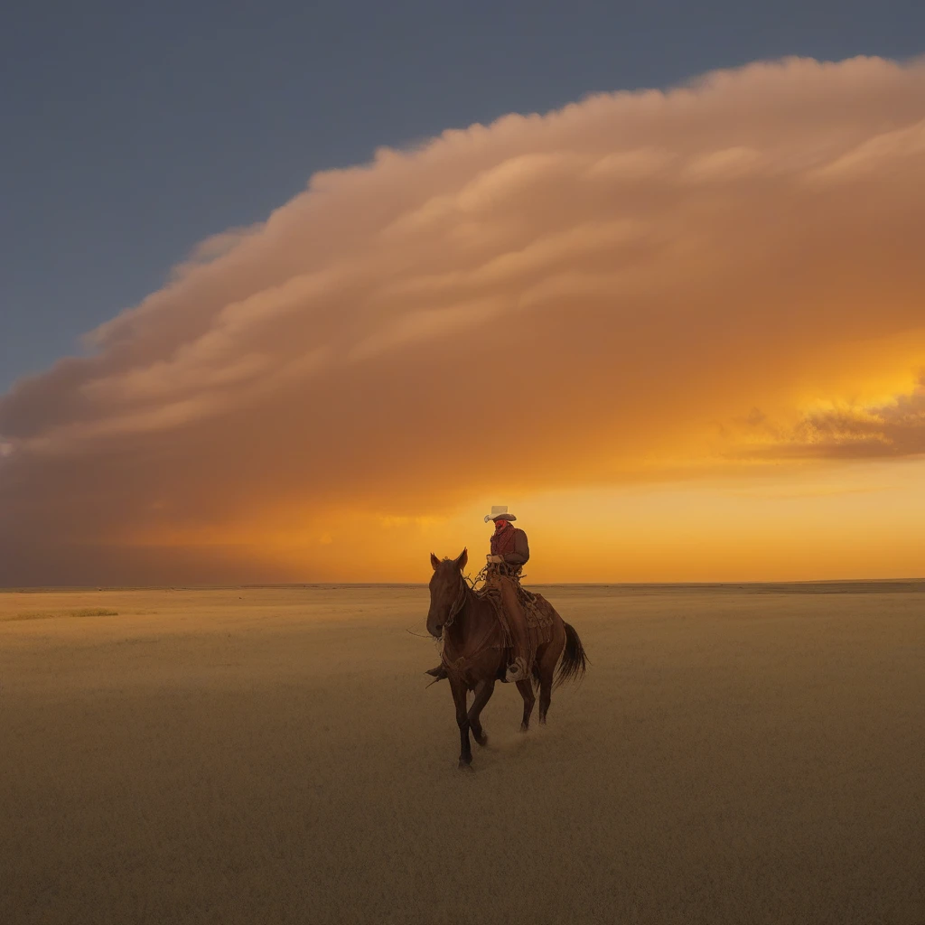 BFC, wide angle view, cowboy riding through great plains at sunset, huge clouds in backround