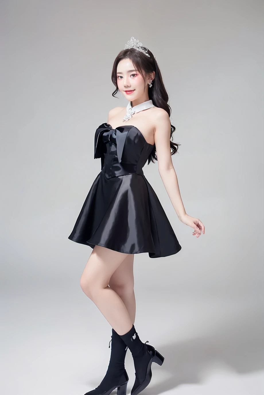 1girl, black random formal attire, white background, <lora:djfakfang-02:1>