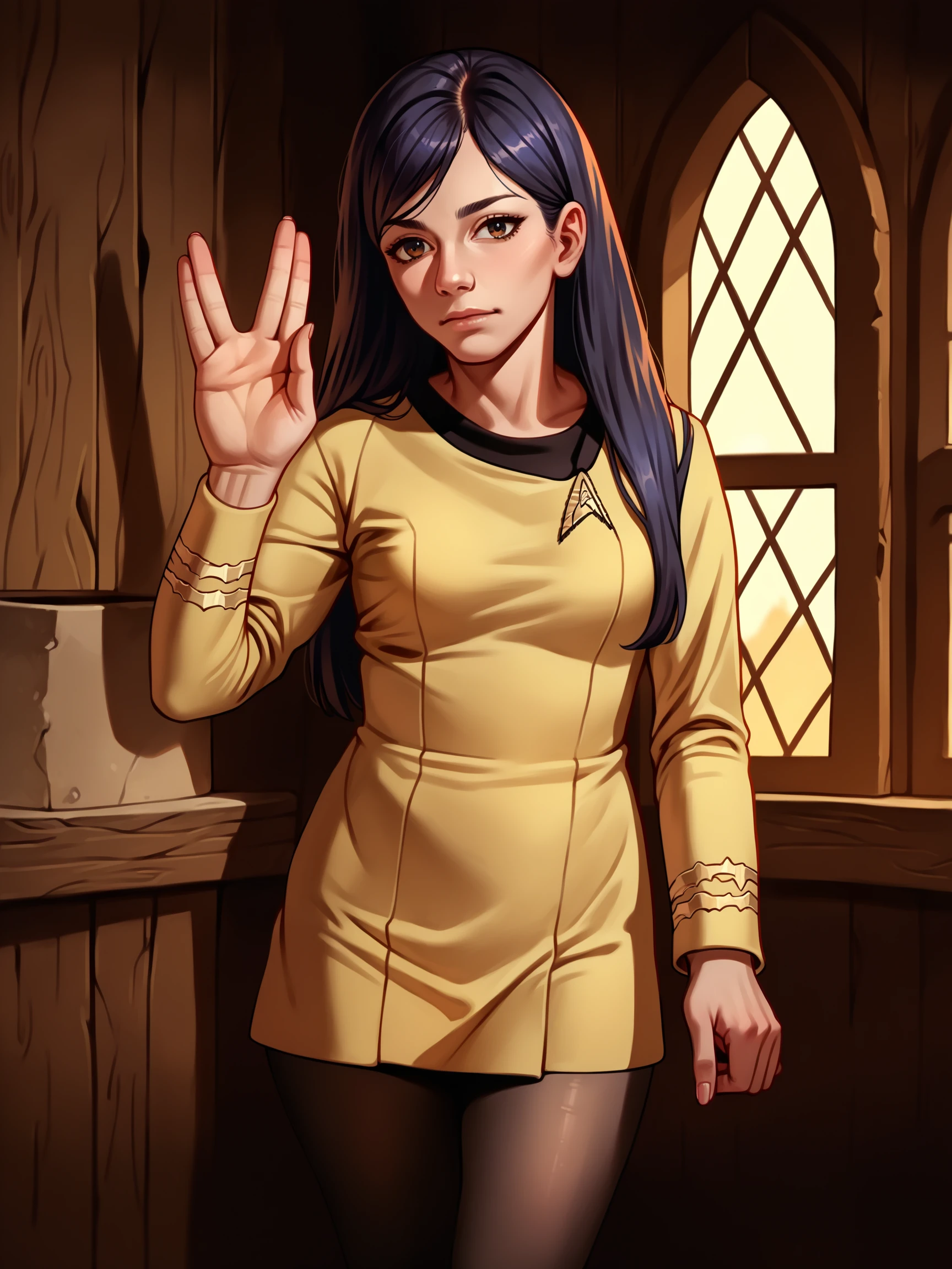 score_9, score_8_up, score_7_up, score_6_up, score_5_up, score_4_up,source_anime,1girl in stunf,star trek uniform yellow dress,content,at a small cottage with firewood,long sleeves,pantyhose<lora:ponytosnewV2:0.8>, vulcansalute hand gesture<lora:VulcansalutePonyV1-000035>