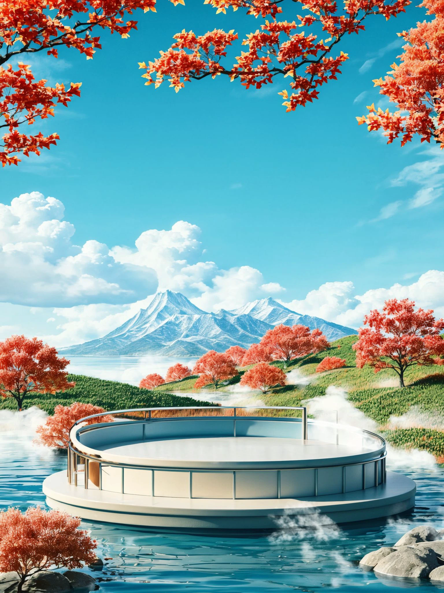 texture, HEZI, electronic mall scene, detail, rendering, no humans, scenery, outdoors, sky, tree, cloud, water, day, blue sky, autumn leaves, steam, maple leaf, cherry blossoms, leaf, rock, autumn, mountain, nature, cloudy sky, ocean, onsen,<lora:电商场景-000014:0.7>,