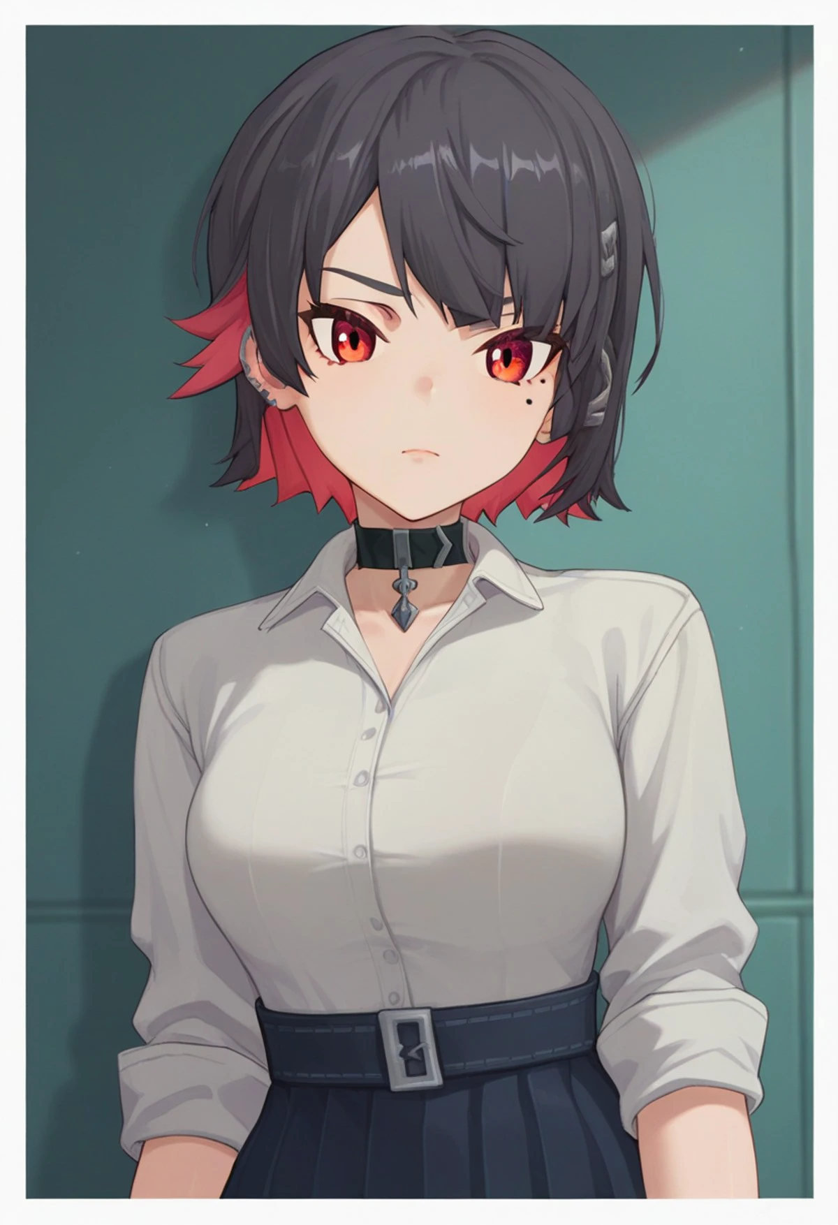 score_9_up, score_8_up, score_7_up, 1girl, solo, upper body, school uniform, choker, grey shirt, belt, pleated skirt, short hair, red eyes, ellen joe<lora:ellen joe xl 014 fro 995:1>