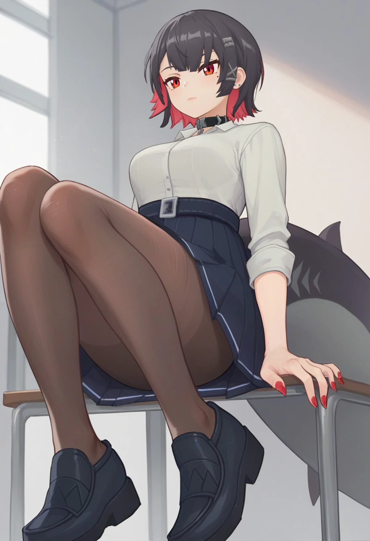 score_9_up, score_8_up, score_7_up, 1girl, solo, school uniform, brown pantyhose, choker, grey shirt, belt, pleated skirt, school shoes, shark tail, short hair, red eyes, red nails, ellen joe<lora:ellen joe xl 014 fro 995:1>