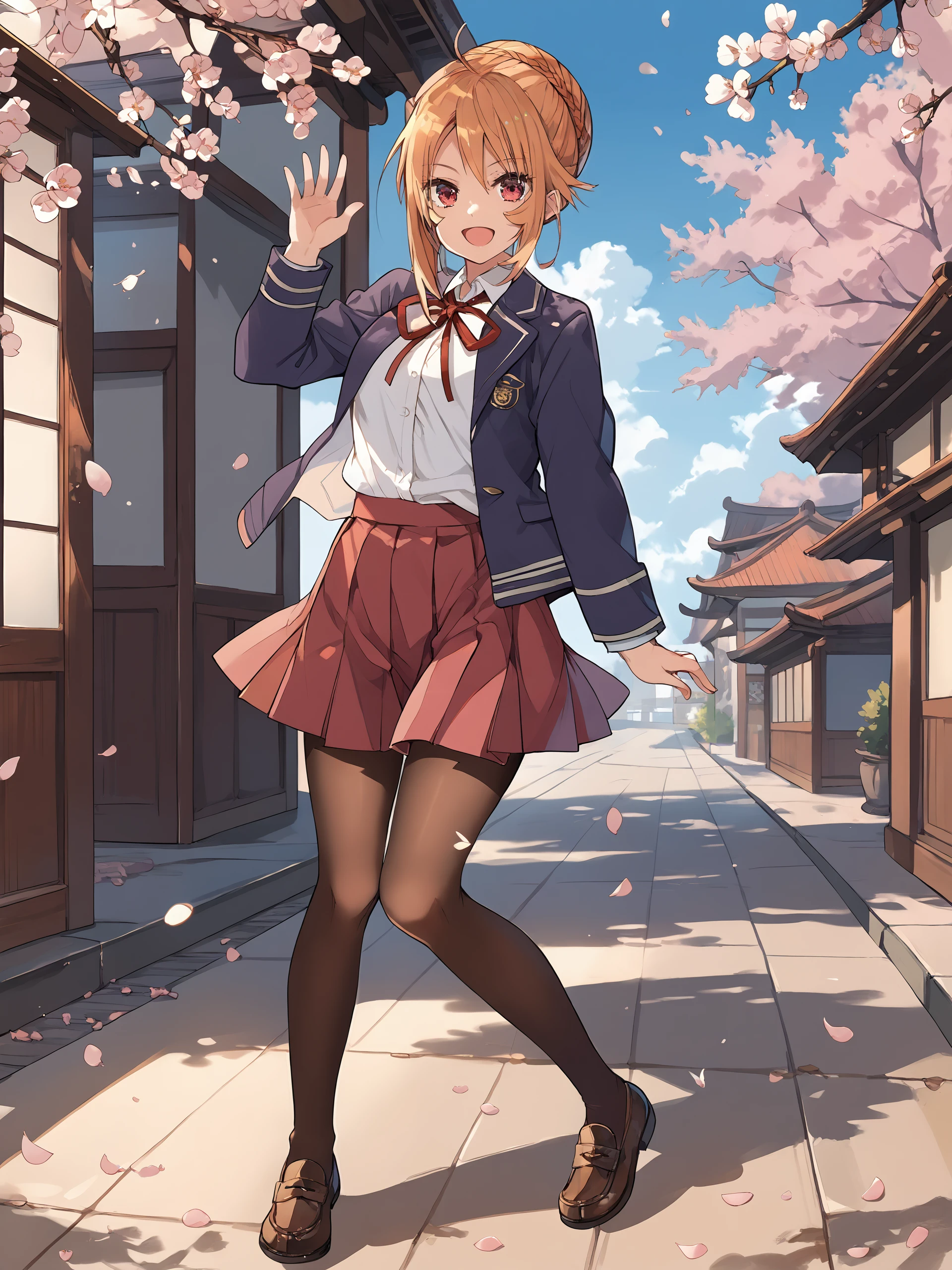 1girl, angelica rafa redgrave, solo, pleated skirt, neck ribbon, blazer, collared shirt, hair up, blazer, pantyhose, standing, loafers, full body, smile, open mouth,  looking at viewer, waving, outdoors, street, cherry blossoms, petals, depth of field <lora:Char-Angelica_Rafa_Redgrave-Pony-V1:1> score_9, score_8_up, score_7_up, source_anime