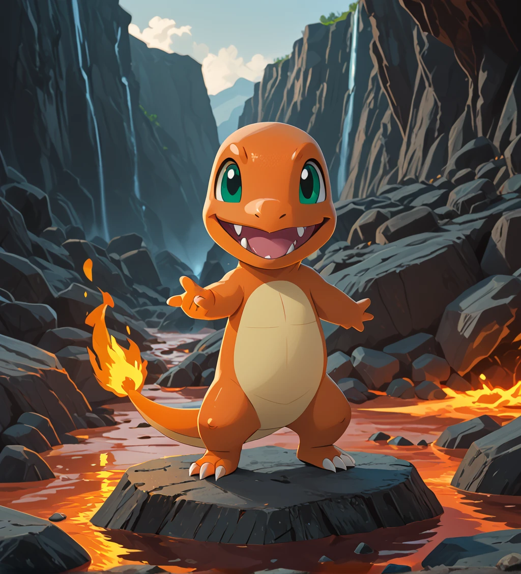 score_9,score_8_up,score_7_up,vivid bright colors,
zzCharmander,looking at viewer,smile,open mouth,standing,full body,lava,rocks,outdoors,green eyes,happy,<lora:StarterPokemon_PDXL:1>,