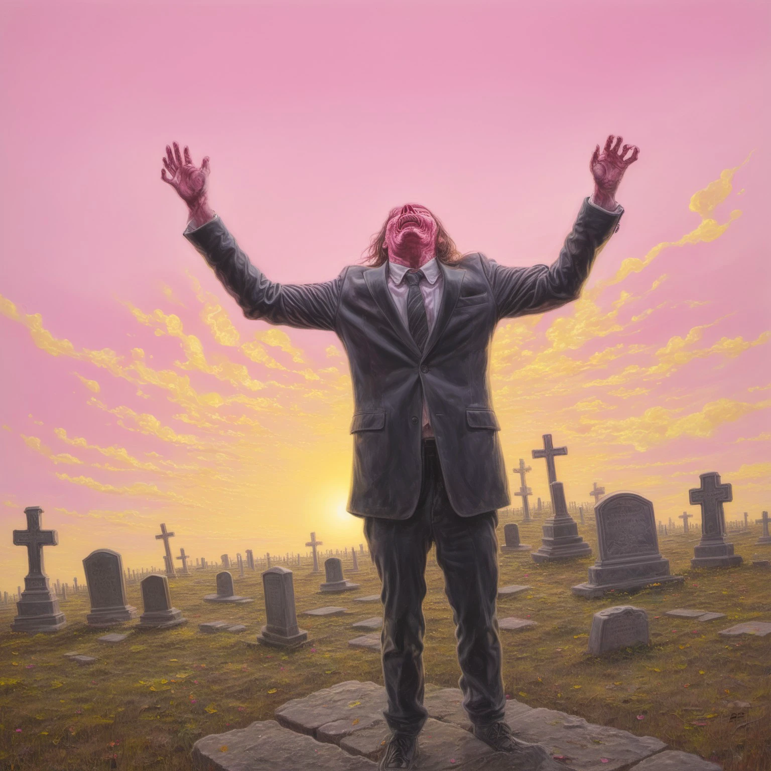 edrepkastyle, melting face, looking at viewer, screaming, horror, bright colors, cemetery, pink sky, yellow clouds, hands reaching from the ground, 

masterpiece, oil painting, highly detailed, painting, album cover
