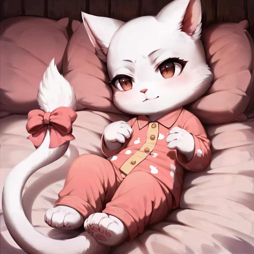 score_9, score_8_up, score_7_up, score_6_up, rating_safe, detailed, outstanding, beautiful, charleexceed, charle, fairy tail, exceed form, feral, lying, on back, on bed, in a bedroom, wearing pajamas, tail, tail bow