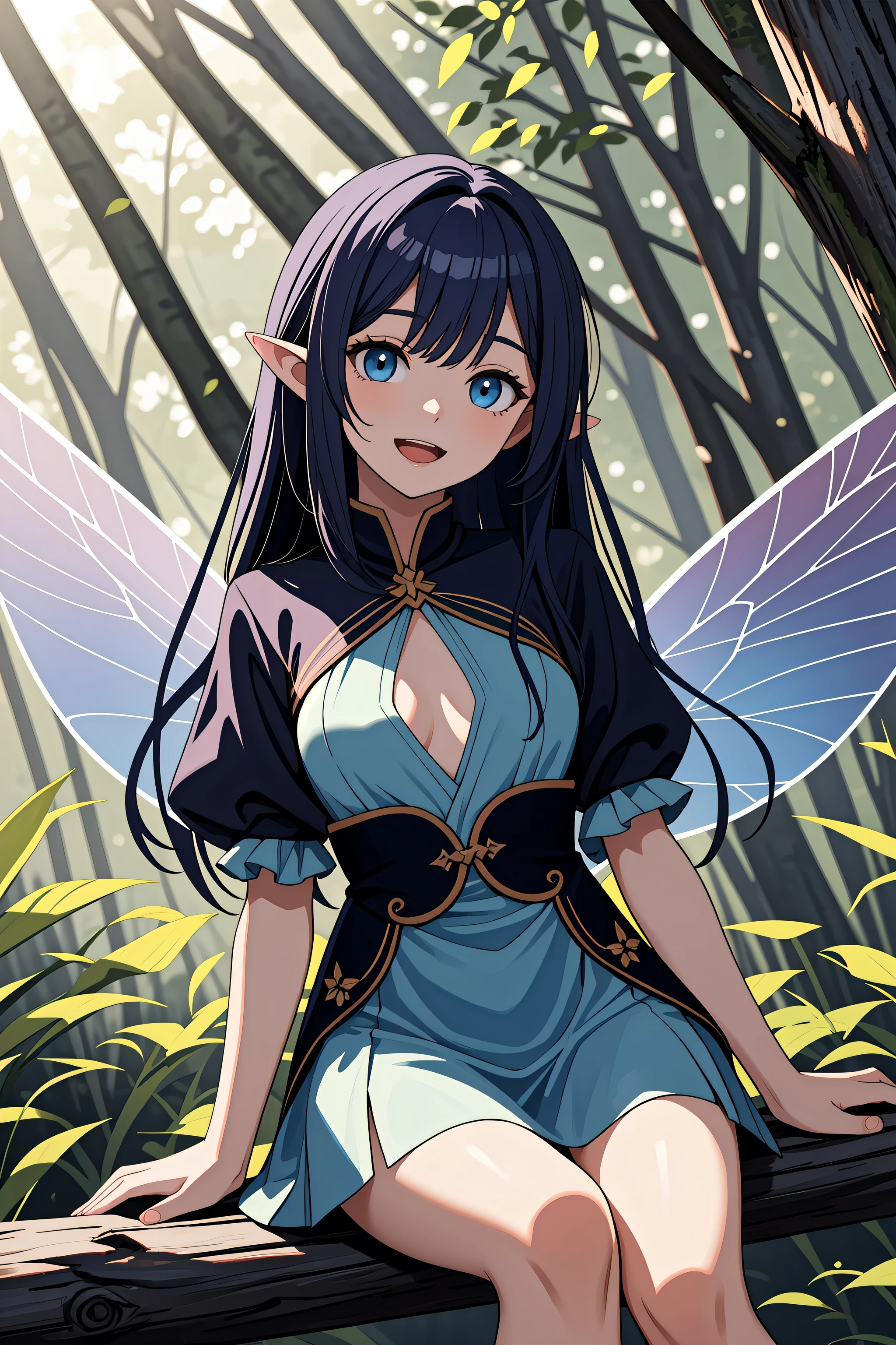 (masterpiece, best quality, absurdres), 1girl, solo, dark blue hair, very long hair, straight hair, blunt ends, asymmetrical bangs, blue eyes, medium breasts, toned, forest, tree, sitting on branch, fantasy, fairy, fairy wings, dappled sunlight, tree shade, tunic, cowboy shot, light particles, happy, open mouth, smile, pointy ears