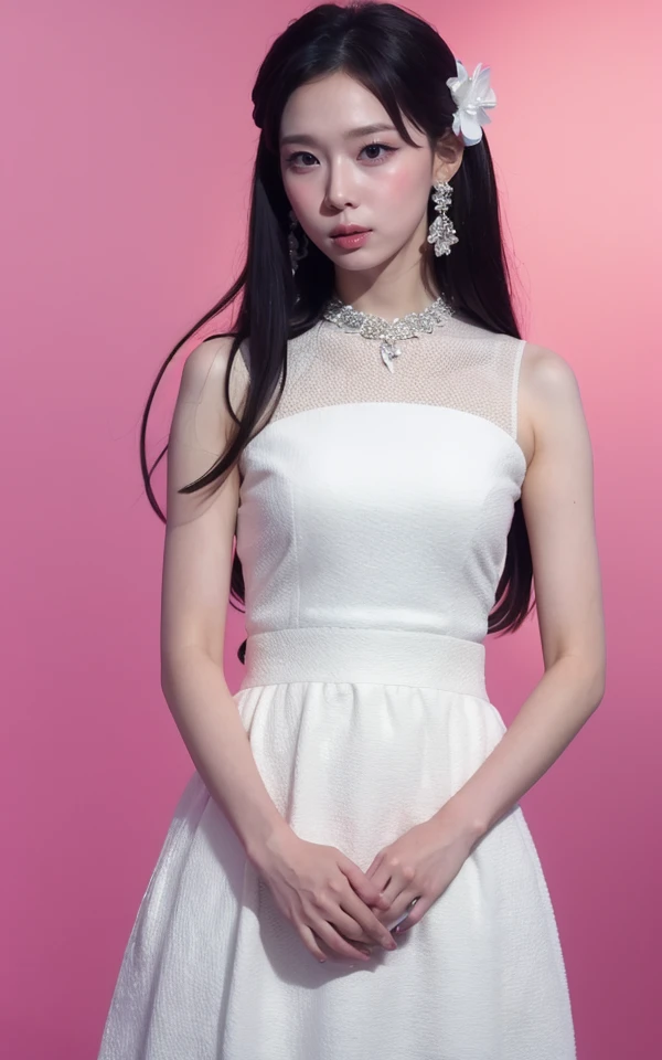 <lora:Winter_V4:1> w!nter,, , (realistic), (hyperrealism), (photorealistic:1.4), 1girl, black hair, dress, hair ornament, lips, looking at viewer, makeup, (pink background:1.2), realistic, ribbon, sleeveless, solo, standing, white dress