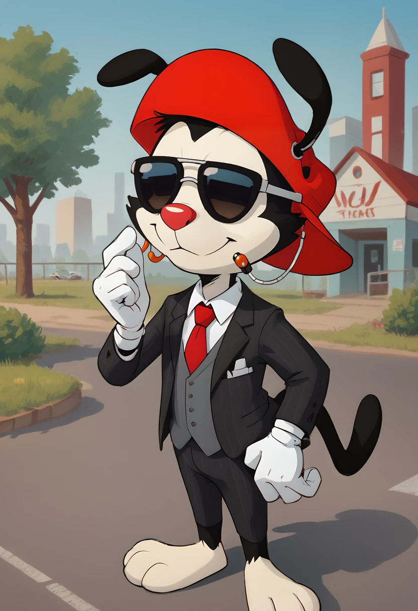 score_9, score_8_up, score_8,   <lora:Wakko_Warner_Animaniacs_for_PonyXL:0.8> 1boy, furry, animal ears, w4kk0, hat, red headwear, white gloves, tail, suit, sunglasses, earpiece, outdoors, solo,