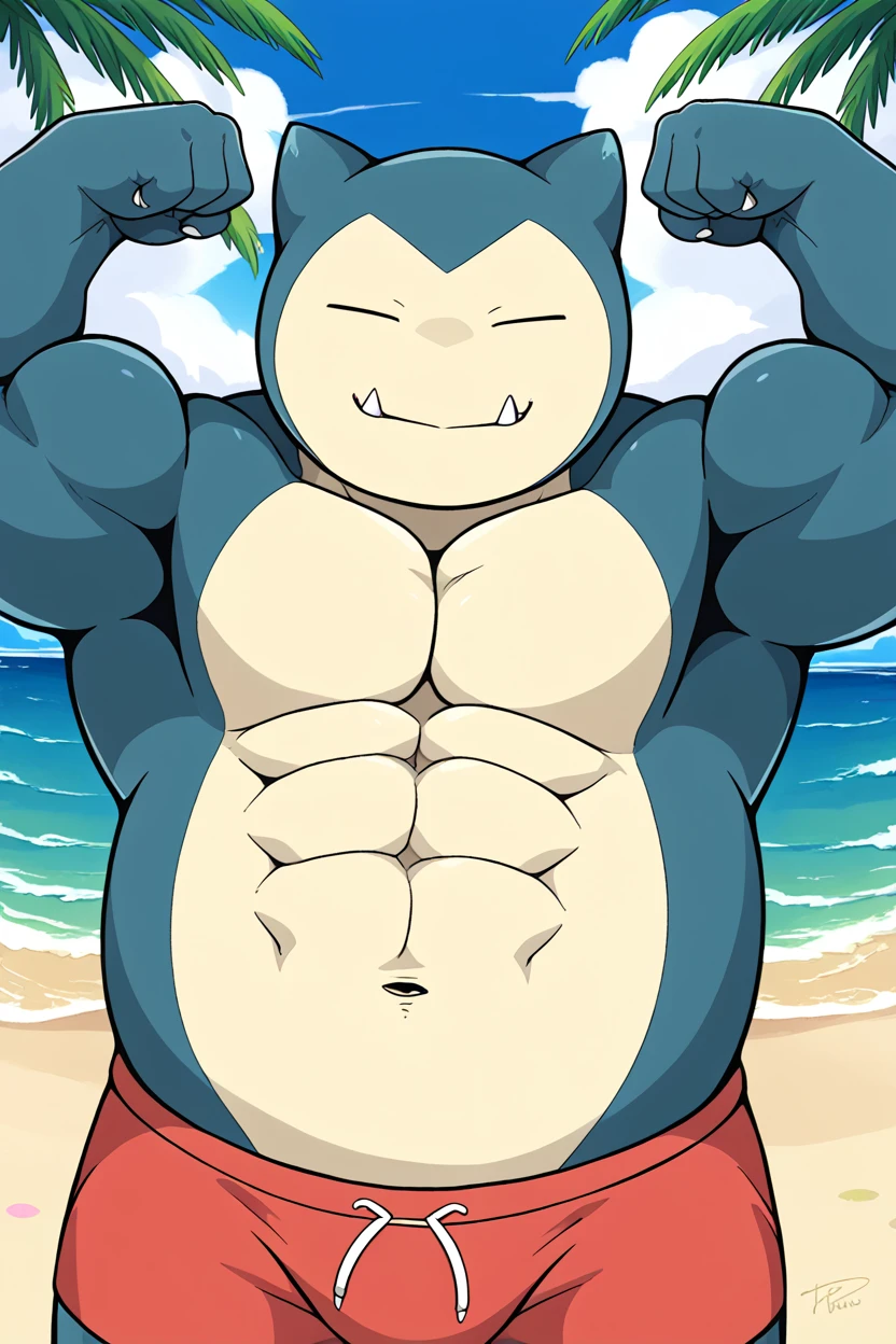 score_9, snorlax, pokemon \(creature\), fangs out, solo, 1boy,muscular male, closed eyes, closed mouth, facing viewer, flexing,arms up, beach, red swim trunks, ocean,palm,abs,cowboy shot  <lora:SnorlaxPony:1>