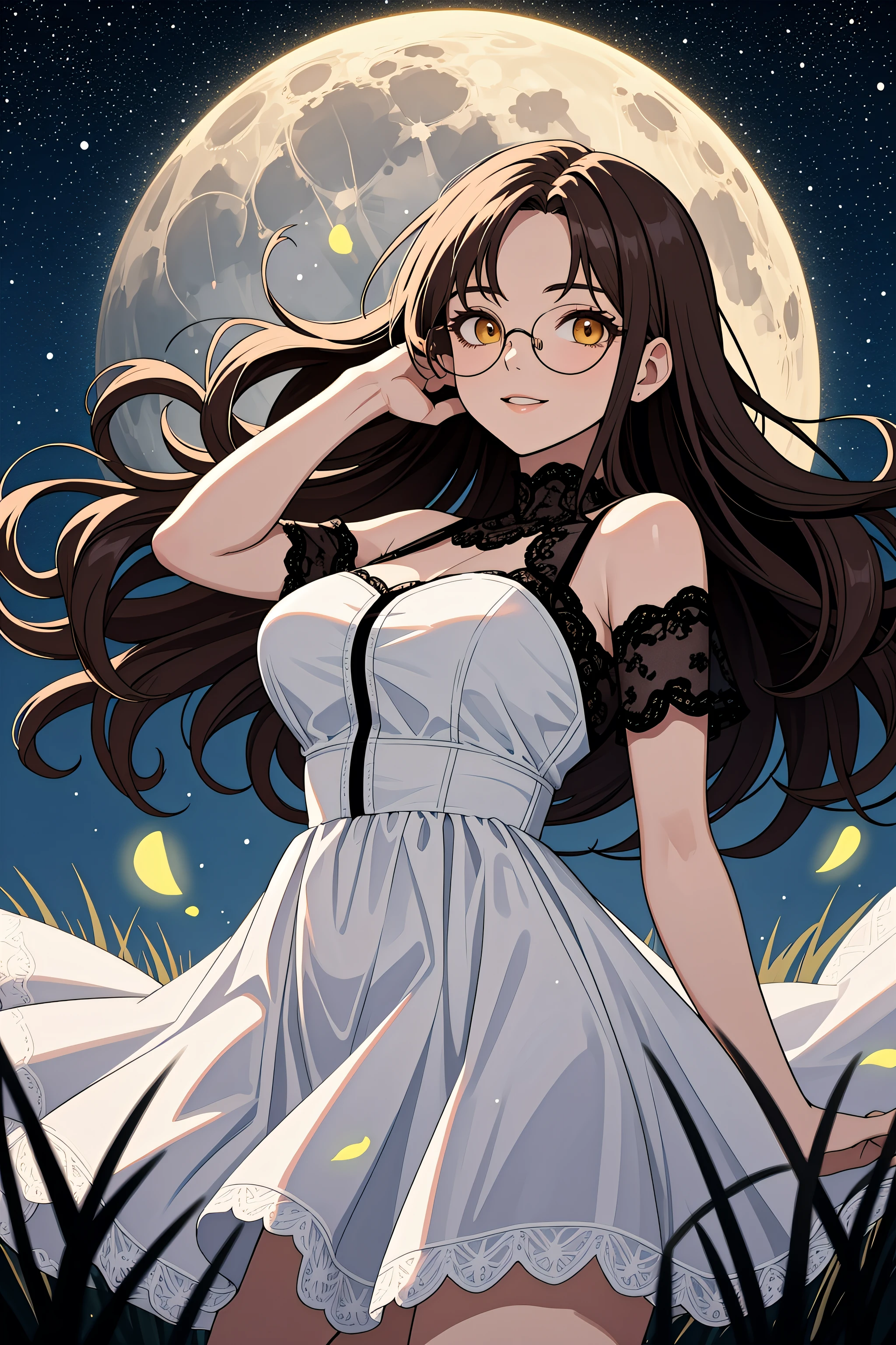 (masterpiece, best quality, absurdres), mature female, solo, brown hair, low-braided long hair, wavy hair, yellow eyes, parted bangs, sidelocks, large sagging breasts, long eyelashes, black-framed round eyewear, night, night sky, moon, grass, field, cowboy shot, dress, lace fur trim, wind, floating hair, hands in hair, parted lips, light smile, fireflies