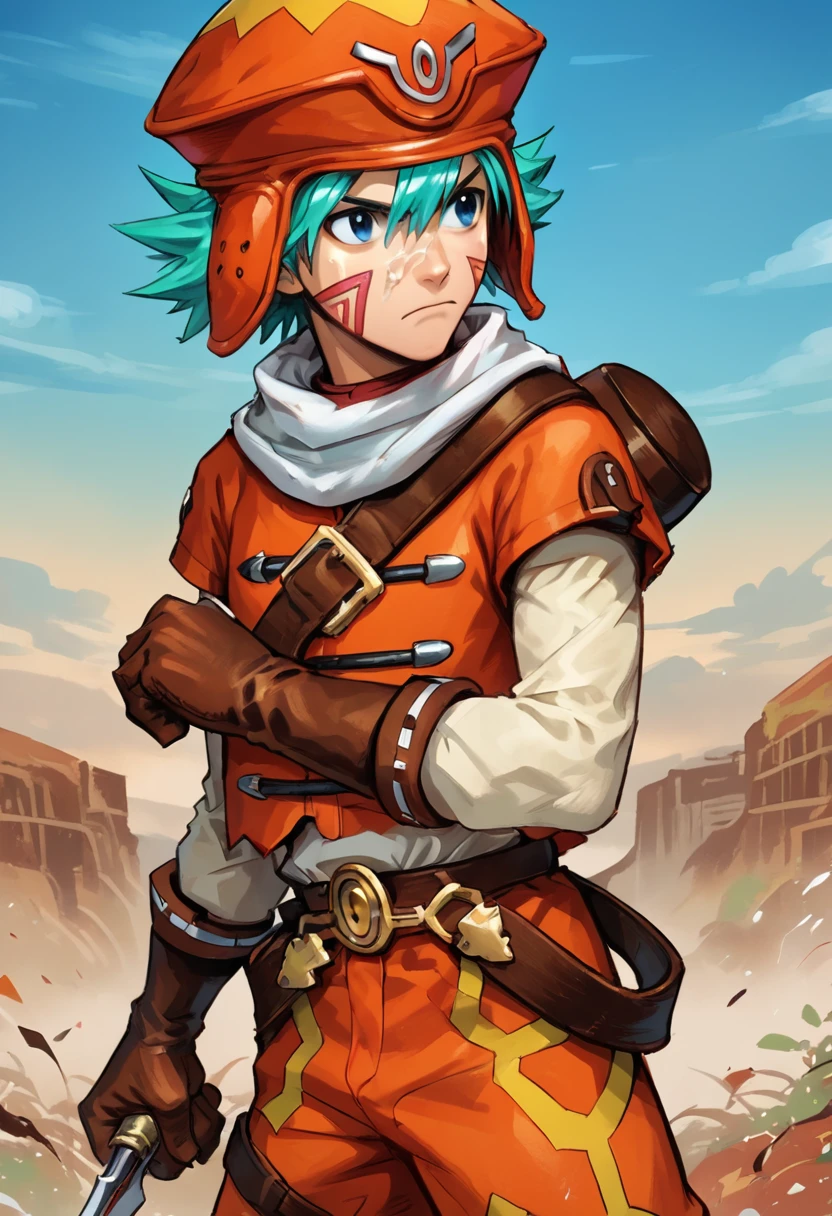 score_9, score_8_up, score_8,   <lora:Kite_.Hack_for_PonyXL:0.8> 1boy, k1t3, orange outfit,  facial mark, aqua hair, hat,  gloves, blue eyes, solo, combat pose, holding daggers, outdoors, 
source_anime