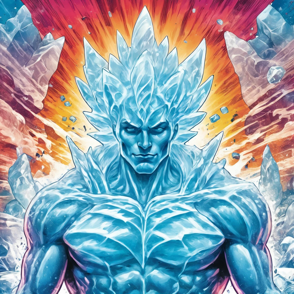 ice_art,ice,<lora:ice_art:1>, Retro style artwork, comic book art, high details, comic book cover, symmetrical, vibrant colors