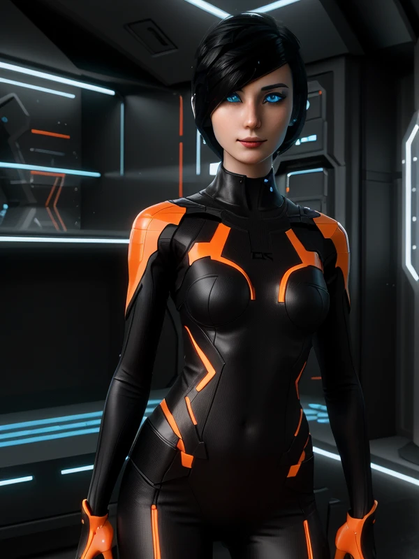 (best quality:1.5) kira, young woman, short black hair, glowing blue eyes, dressed in futuristic outfit, black bodysuit with orange lines, slim clothes, multiple thin lines, (classic kira appearance)+++, detailed drawn face, (correct eyes)++, happy expression, correct proportions, far shot, looking at viewer, full body showing, epic interior scenery, <lora:kira:1>