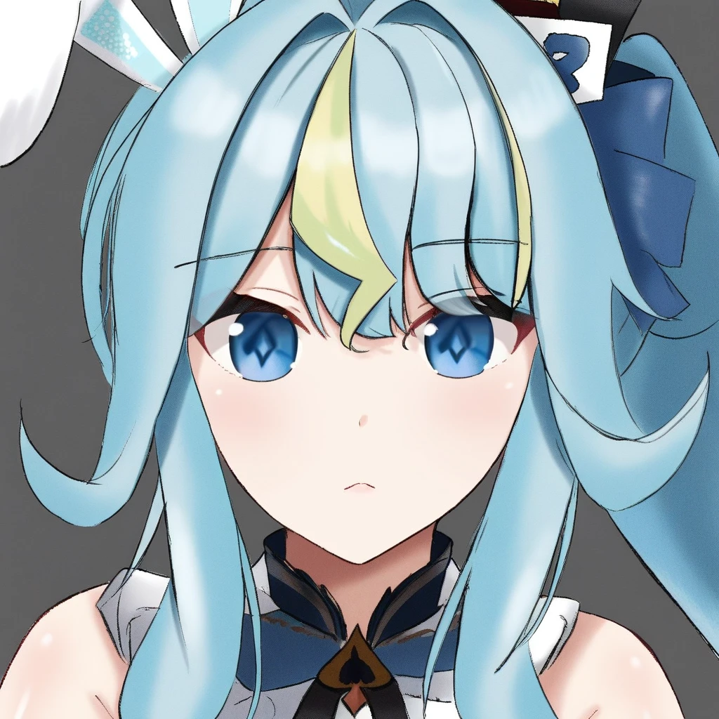 KaminariClara, blue hair, long hair, blue eyes, rabbit ears, multicolored hair, streaked hair, blonde hair, bangs, ponytail