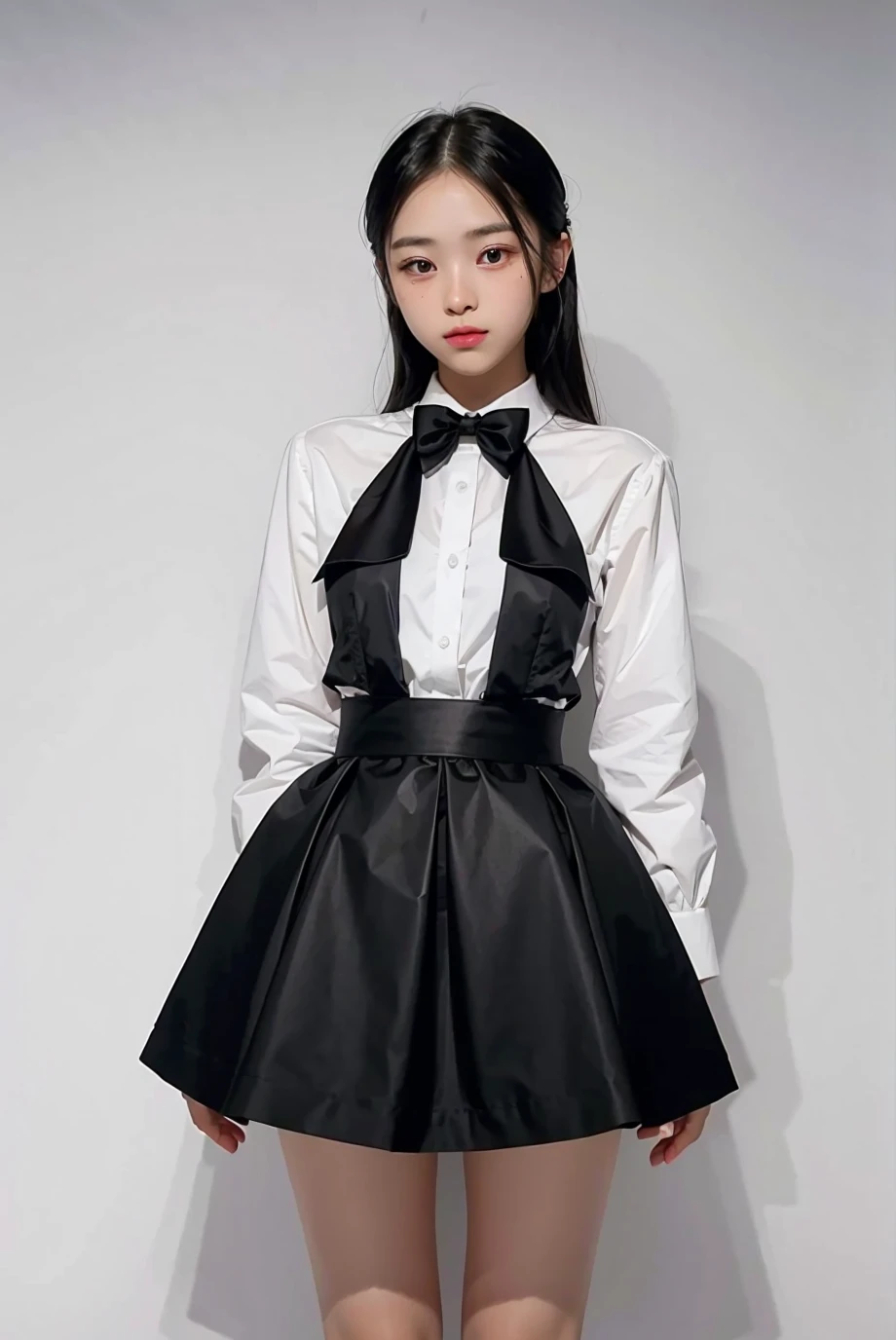 1girl, black  random formal attire, white background, <lora:MikakoAbeJAV-02:1>