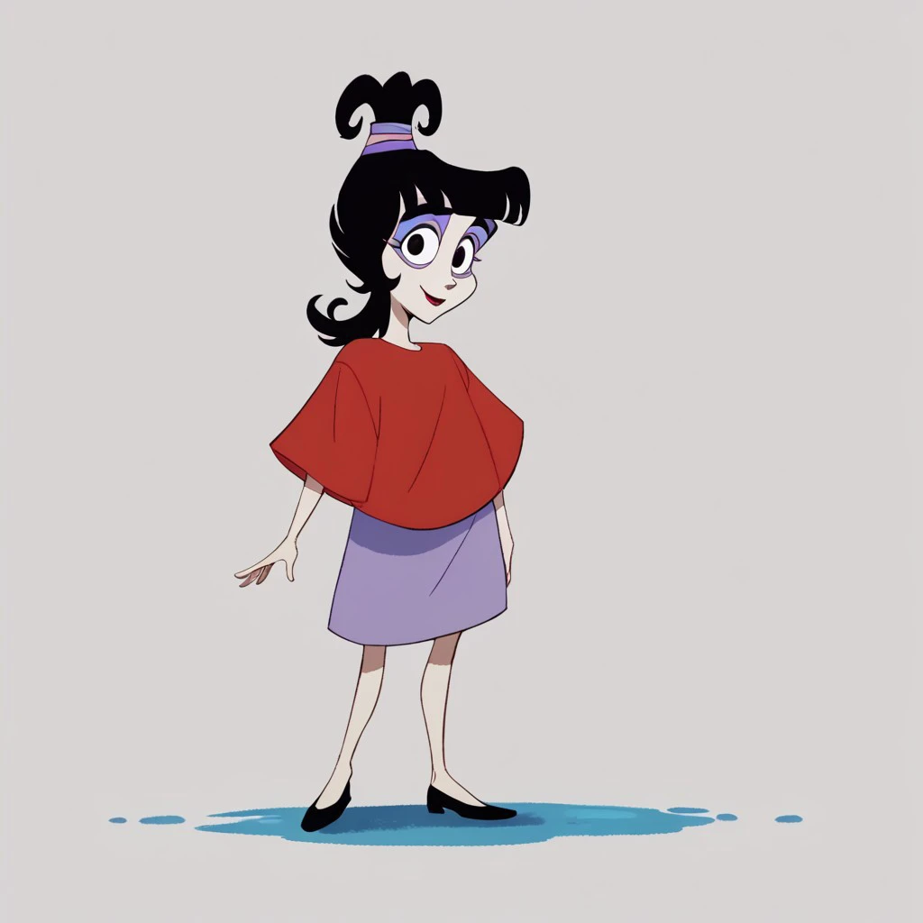 score_9, score_8_up, score_7_up BREAK LydiaDeetz, 1girl, black hair, blunt bangs, black eyes, ponytail, purple pink ponytail scrunchie, red lipstick, pink eyelids, purple eyeshadow, red poncho, smiling at viewer, full body,