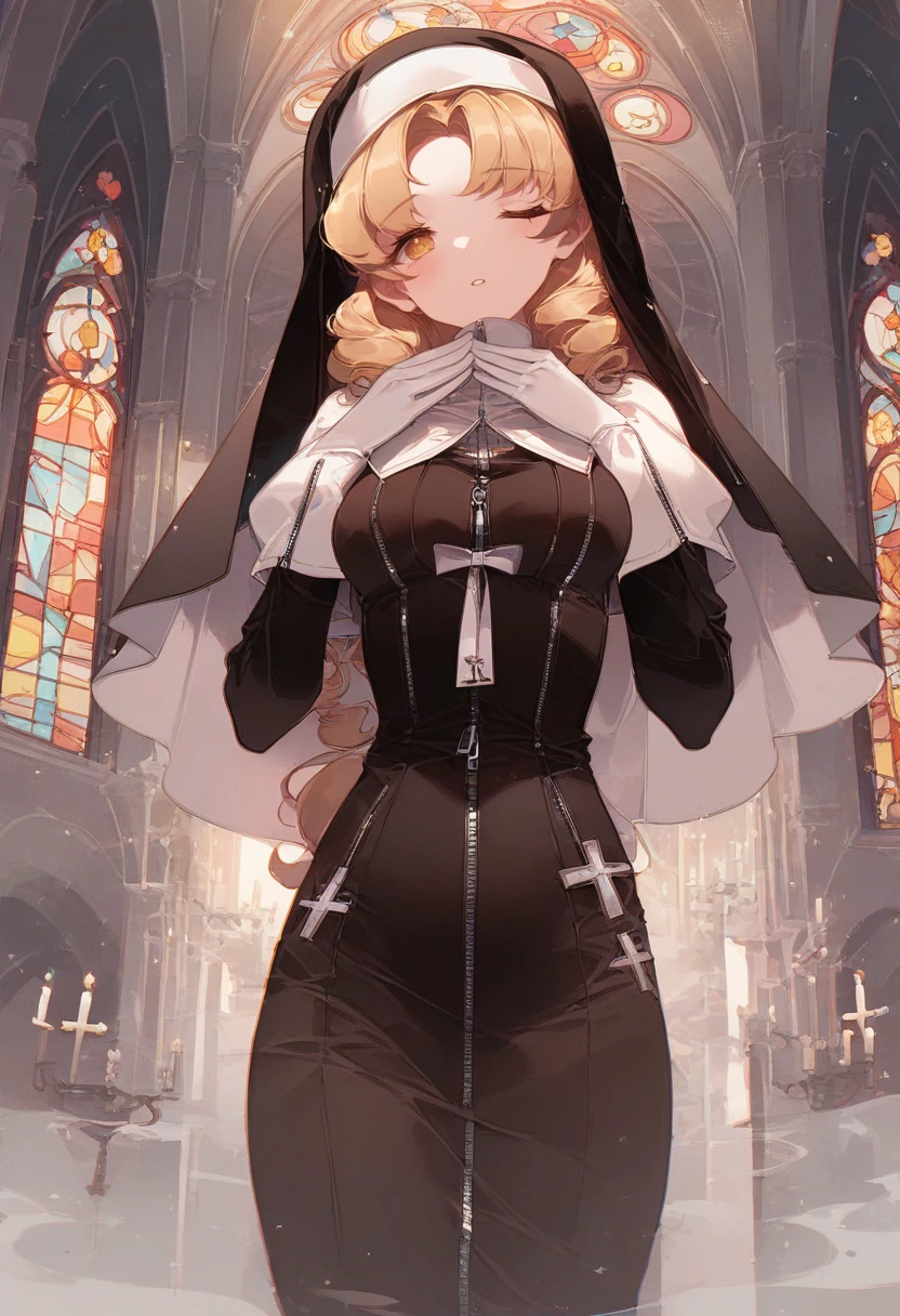 1girl, sister claire, nijisanji, solo, white ribbon, long sleeves, zipper dress, full-length zipper, head tilt, ?, long hair, dress, closed eyes, one eye closed, praying, ribbon, habit,:o, gloves, white gloves, parted bangs, from below, straight hair, neck ribbon, zipper, capelet, medium breasts, white capelet, breasts, yellow eyes, black dress, parted lips, blonde hair, nun, dark, candle, church, indoors, stained glass, night 
score_9, score_8_up, score_7_up, score_6_up, source_anime, archi-kawacy-style, full color, chromatic aberration, mature female, best quality, amazing quality, very aesthetic, absurdres, highly detailed, close-up, <lora:archi-kawacy-style-07:1>