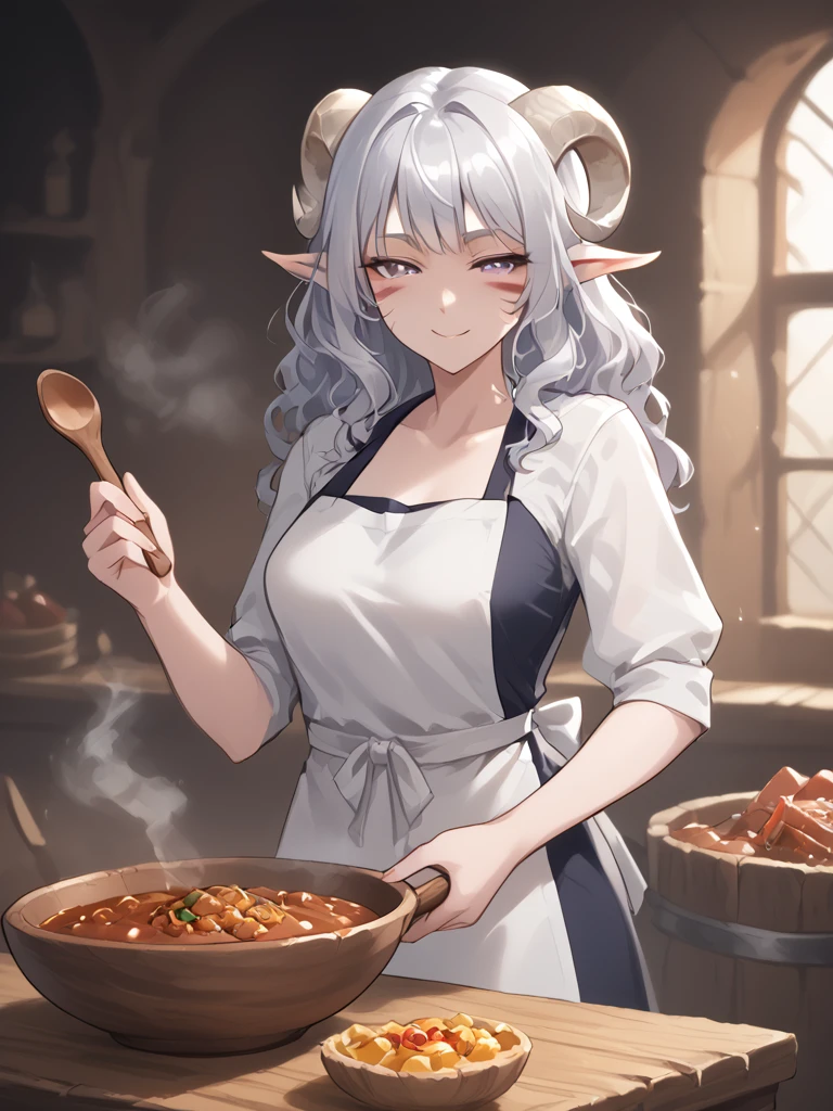 1girl, solo, source_furry, score_7_up, rating_safe, source_anime, anime face,
<lora:whisker_markings:0.8>red whisker_markings, silver long wavy hair, short pointy ears, purple eyes, <lora:age_slider_v4:0.6>
<lora:Test_Diana:0.8> tiefling_bard_diana,
<lora:Smooth Style 2 SDXL_LoRA_Pony Diffusion V6 XL:0.3> smile, open eyes, <lora:INKxXmo shaded face:0.6> Shaded FaceINKxXmo Dark Theme, cowboy shot, apron,  serving, tavern,
<lora:Assume_the_position:0.8><lora:Tavern_stew:1> small tavern_stew   , wood bowl, steam, wood spoon, meat, vegitable,