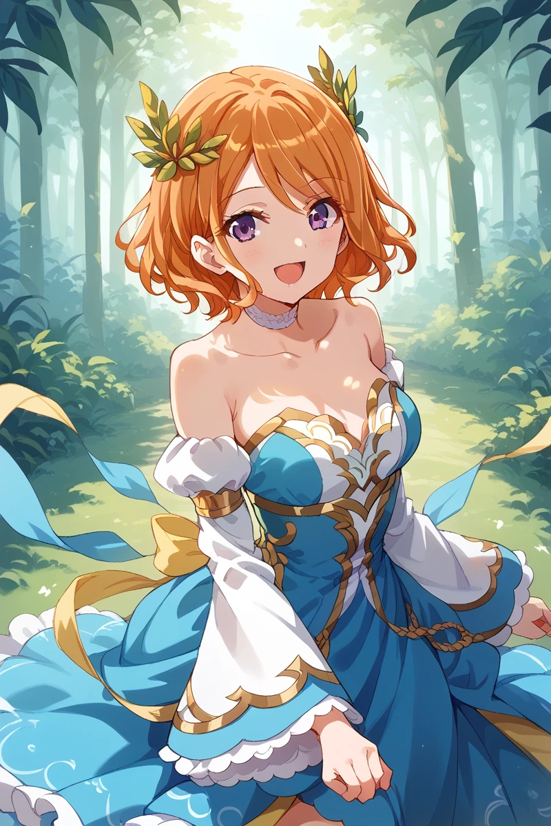 score_9, score_8_up, score_7_up, score_6_up, 1girl,
 <lora:Tsukasa_Ebisu:0.9> tsukasa, orange hair, breasts, solo, detached sleeves, purple eyes, white sleeves, open mouth, dress, smile, looking at viewer, short hair, :d, hair ornament, blue dress, bare shoulders, strapless, collarbone, strapless dress, choker, outdoors, nature, sunlight, laurel crown