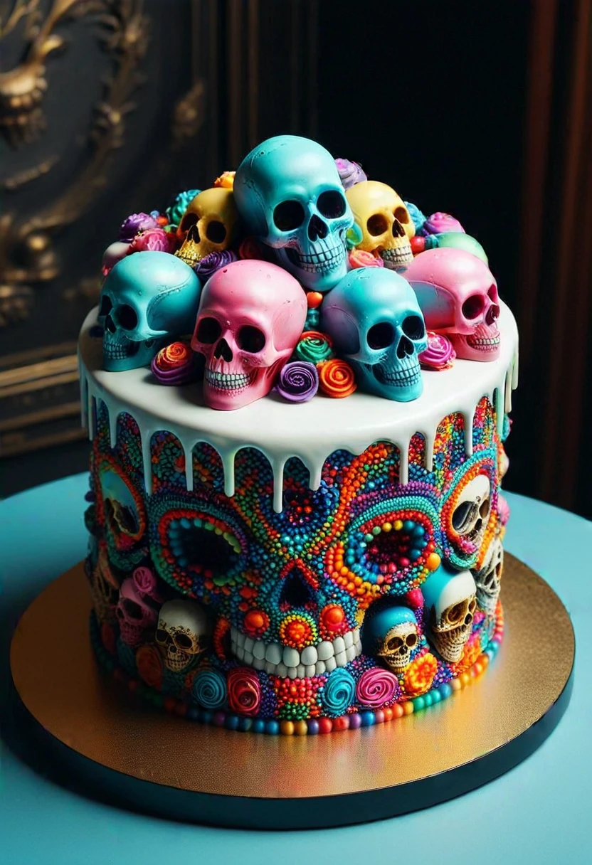 (medium full shot) of a cake made of colorful skulls, a sophisticated private club, offering elegant decor, refined furnishings, subdued lighting, and a classy ambiance ,Masterpiece,best quality, photo, realistic, very aesthetic