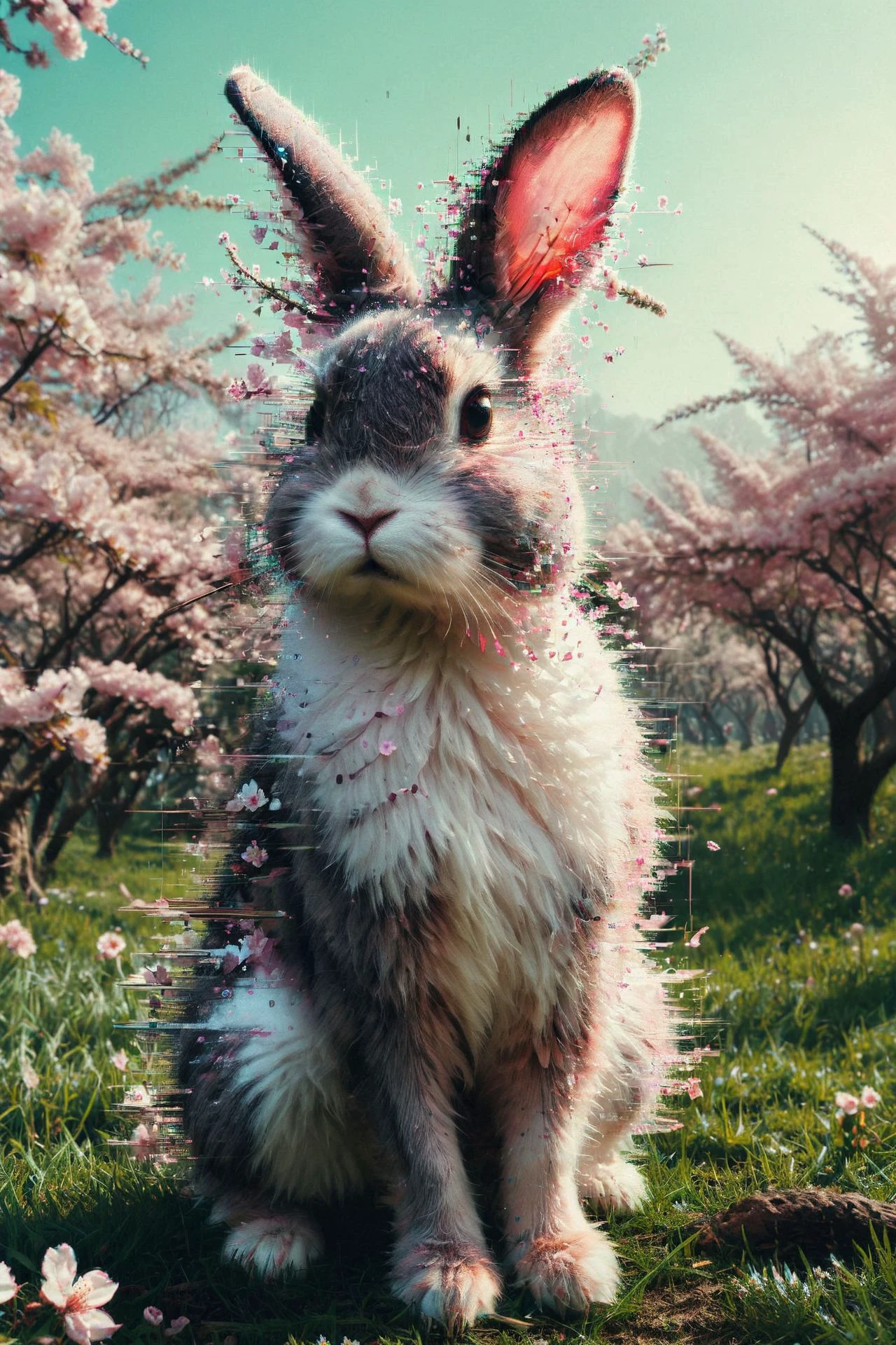 A bunny merging in with blooming cherry blossoms, blend into a serene meadow, nature, tranquility, detailed fur, ethereal, surreal, springtime, flowers, harmony, pastel colors, light, calm,
<lora:aidmaGlitchStyle-v0.1:0.75>, glitch,