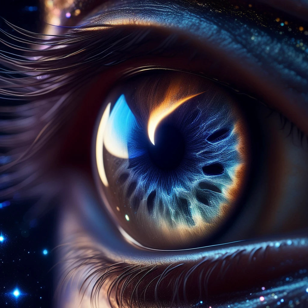 Close-up of a mythical creature’s eye with a crescent moon-shaped pupil, set in a deep, starry iris that glows with ethereal light.