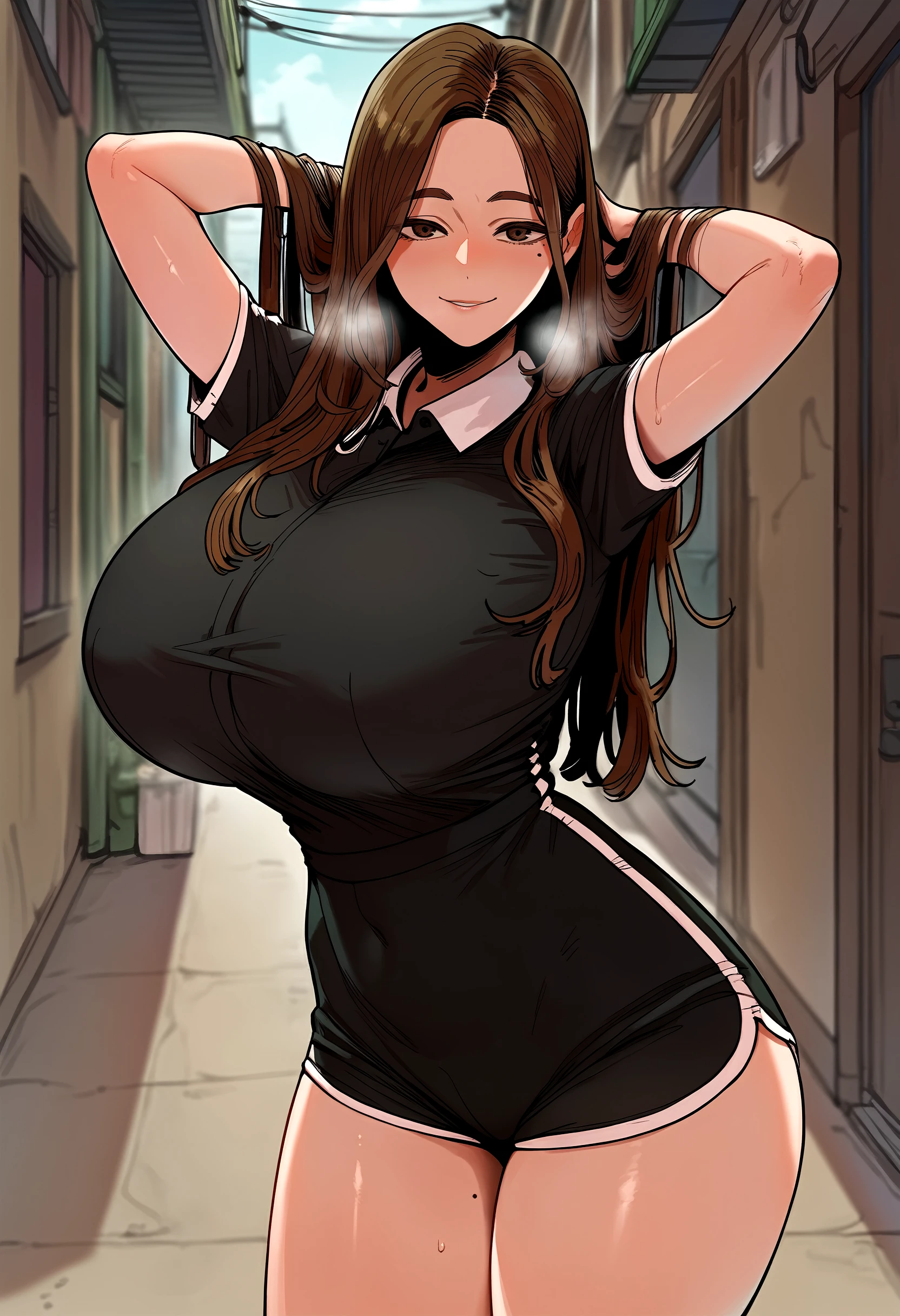 score_9, score_8_up, score_7_up, score_6_up, source_anime, rating_explicit, <lora:neg4all_bdsqlsz_V3.5:2.0>1girl, solo, huge breasts, <lora:Cho Ye-ryeongponyxl:1> long hair, brown hair, brown eyes, mole under eye, black shirt, short sleeves, polo shirt, black shorts, short shorts, smile, Narrow shoulders, heavy breathing, steaming body, alley, outdoors, looking at viewer, standing, arms behind head