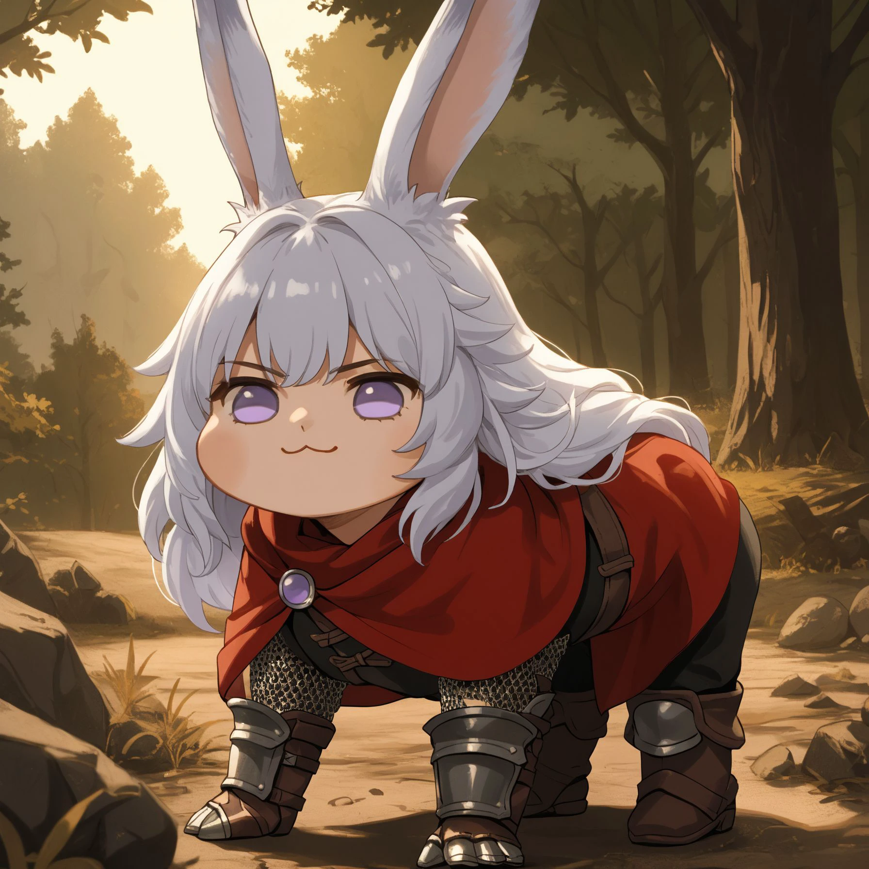 score_9, score_8_up, score_7_up, 1girl, LynaFF, dark-skinned female, animal ears, purple eyes, white hair, long hair,
Lynadef, armor, chainmail, red cloak, leather tunic, gauntlets, black knee boots,
<lora:Doro_X_PDXL_V1:1.2>, doro, creature, :3, chibi, no humans, four legs, solid circle eyes, no pupils, smug, from side, all fours,
outdoors, purple trees, purple forest,
<lora:LynaPDXL_V1-Manityro-CAME:0.9>,