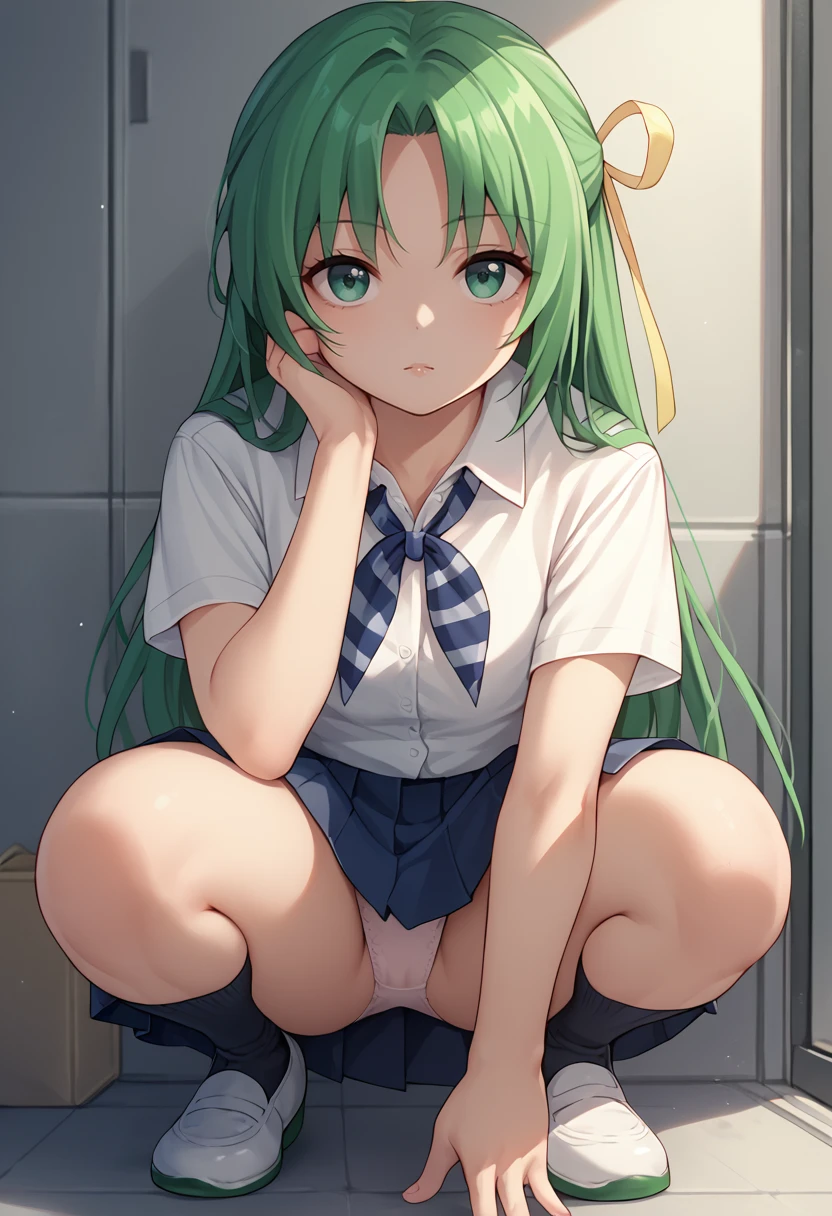 score_9, score_7_up, 1girl, solo, shi, green hair, long hair, green eyes, hair ribbon, white shirt, blue neckerchief, pleated skirt, short sleeves, black kneehighs, squatting, shoes, front view, looking at viewer, panties <lora:Shion renew -000008:1>