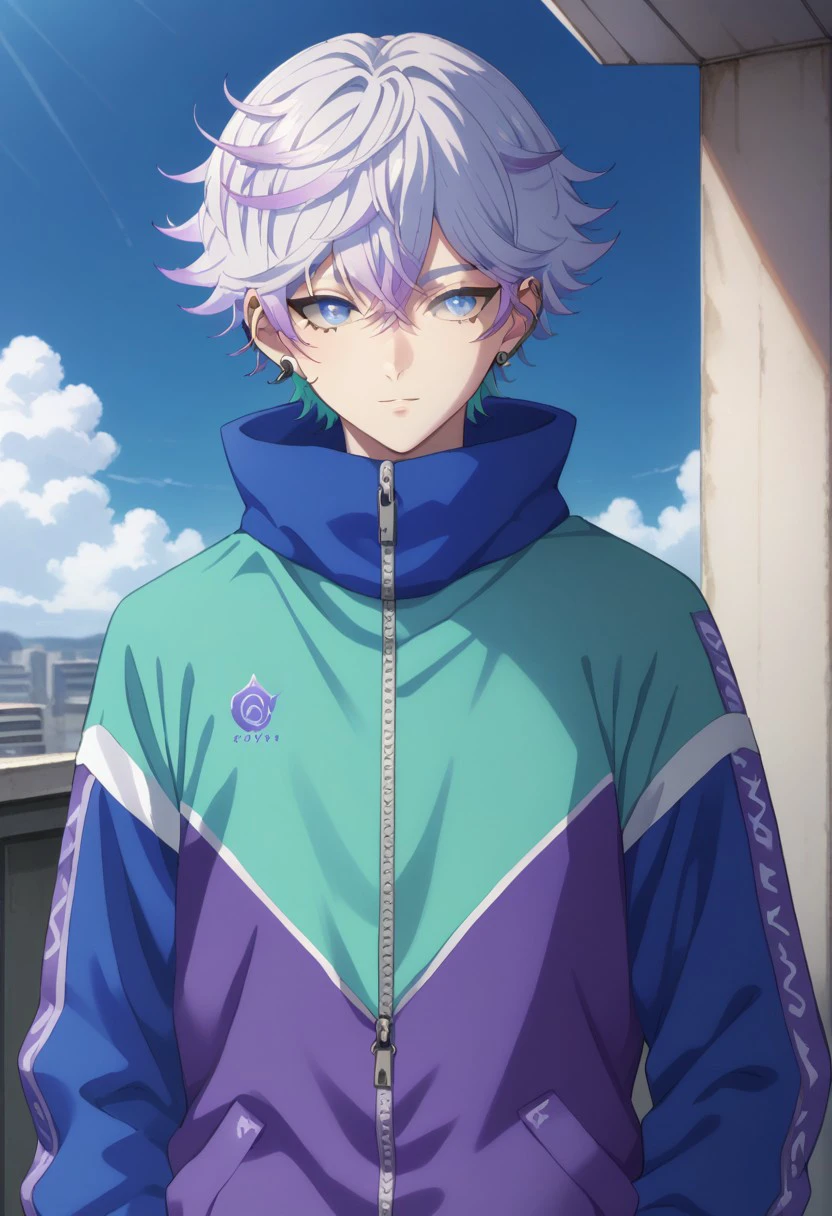 score_9, score_8_up, score_7_up, source_anime, highly detailed, 
Nayuta, 1boy, male focus, solo, multicolored hair, blue eyes, jacket, looking at viewer,
purple hair, jewelry, ear piercing, earrings, piercing, white hair, sky,
multicolored jacket, upper body, 
virtual space,