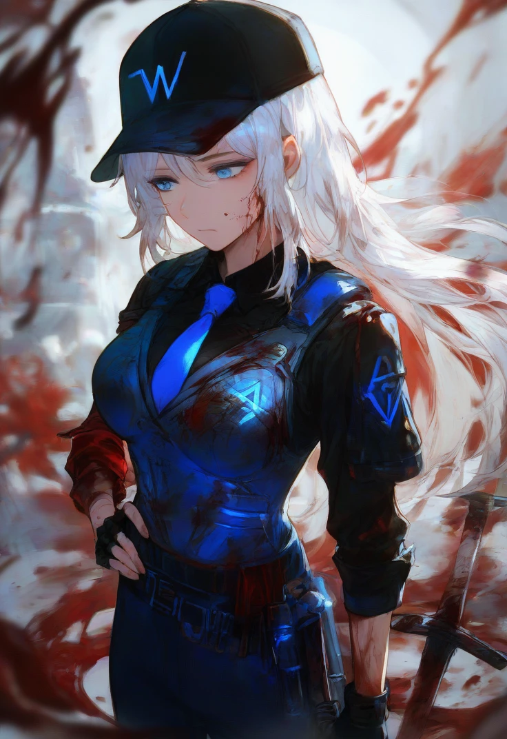 (score_9, score_8_up:1.1), score_7_up, masterpiece, perfect face, beautiful face, perfect hands, beautiful hands, <lora:Faust_Limbus:1>, FaustLimbus, FaustWcorp, bulletproof vest, 1girl, solo, long hair, breasts, bangs, blue eyes, shirt, gloves, hat, holding, closed mouth, standing, weapon, white hair, necktie, black gloves, collared shirt, pants, sword, fingerless gloves, holding weapon, hand on hip, black shirt, black headwear, blood, holding sword, baseball cap, blue necktie, blood on face, blood on clothes, blood on weapon, blood in hair