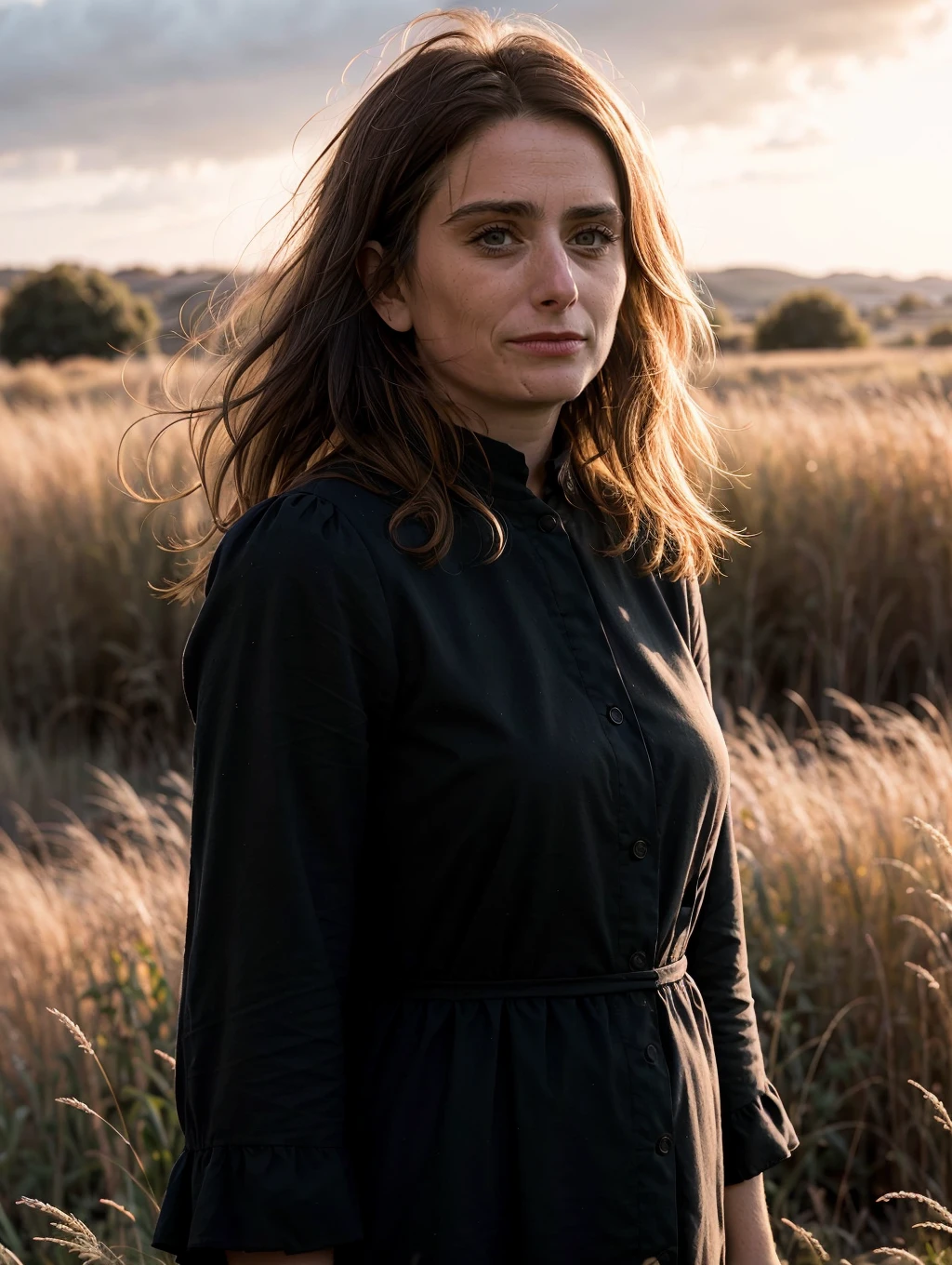 Marine8, upper body portrait of a standing woman wearing a black folk dress with red patterns outdoors in a grass field (eye contact:1.3), hair blowing in the wind, at golden hour