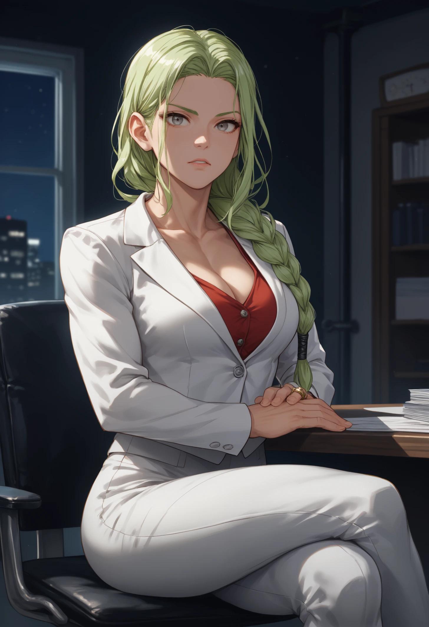 score_9, score_8_up, score_7_up, 1girl, FENottRND, grey eyes, green hair, long hair, single braid, large breasts, toned, biceps,
cleavage, business suit, white blazer, buttons, white pants, suit pants, red shirt, gold ring,
looking at viewer, serious, parted lips, sitting on table, crossed legs, 
indoors, office, dark, night, dark environment, 
<lora:FENottPDXL_V1-Manityro-CAME:1.0>,