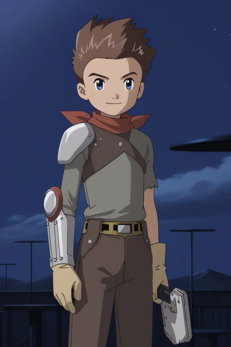 score_9, score_8_up, score_7_up, score_6_up, detailed, intricate details, highres, absurdres ,source_anime, cowboy shot, ryo akiyama, brown hair, blue eyes, grey shirt, red neckerchief, shoulder armor, torn shirt, 1boy, male focus, solo, gloves, sky, night, scarf, card, holding, night sky, cloud, belt, smile, pants, brown pants<lora:EMS-421334-EMS:1.000000>