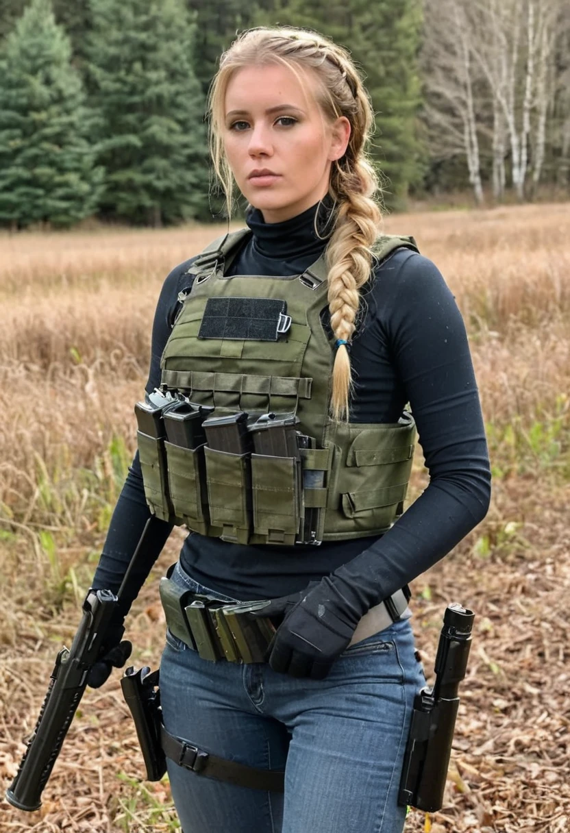 A photograph taken on an iPhone. The photo is of an attractive 23-year-old Danish undercover soldier with braided blonde hair. She is wearing blue jeans and a black skintight turtleneck under a green military tactical vest body armor. The shot is of her standing and holding a rifle at chest level. She is standing in a forested field. The vibe is somber, eerie <lora:Tactical_Mk_3:0.4>