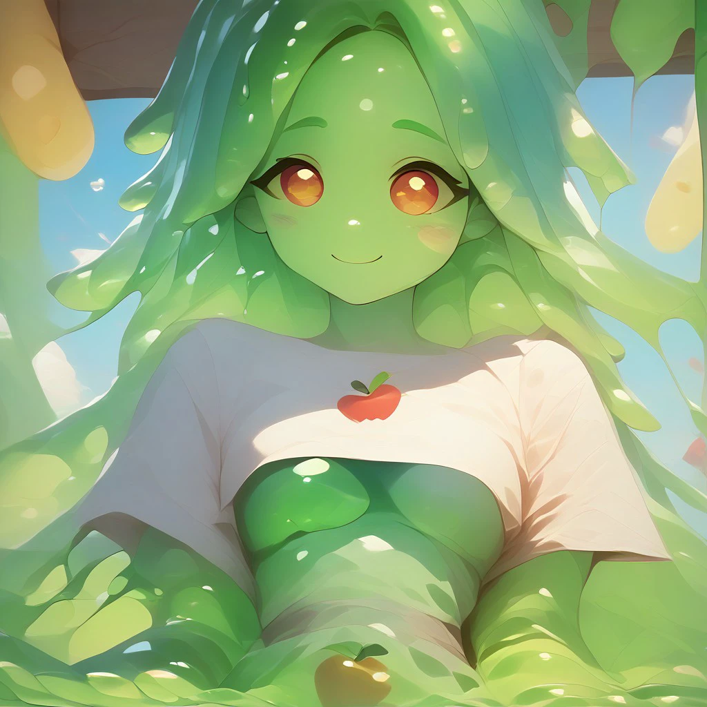 score_9, score_8_up, score_9_up, score_7_up, high quality, masterpiece, highly detailed, solo, (((bright green slime women))), medium breasts, farmer outfit, Slime core, cute pose, happy expression, apple trees