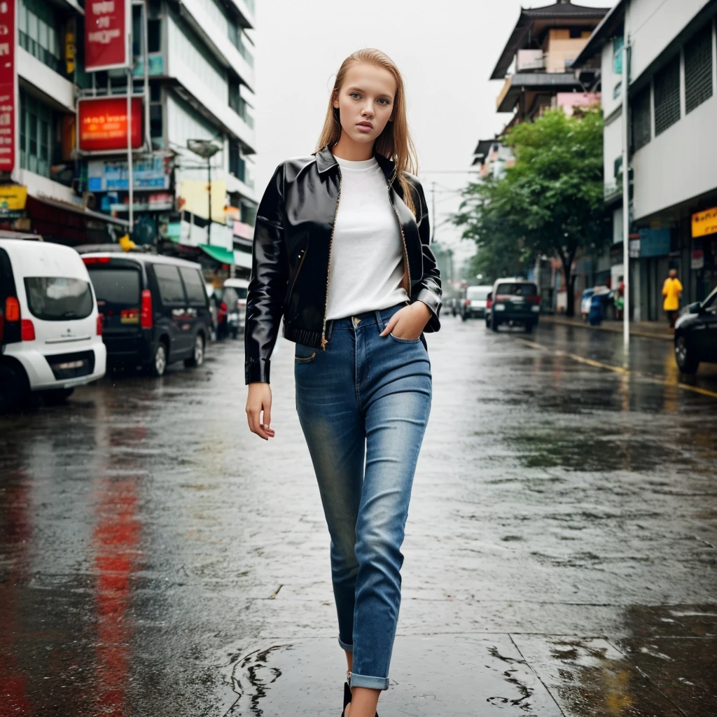 Bangkok,  <lora:BabetteStrijbos:1>22 year old babette strijbos, denim outfit, decently dressed, special angle, posing for a photosinging in the rain , 4k,raw,  fashion, masterpiece