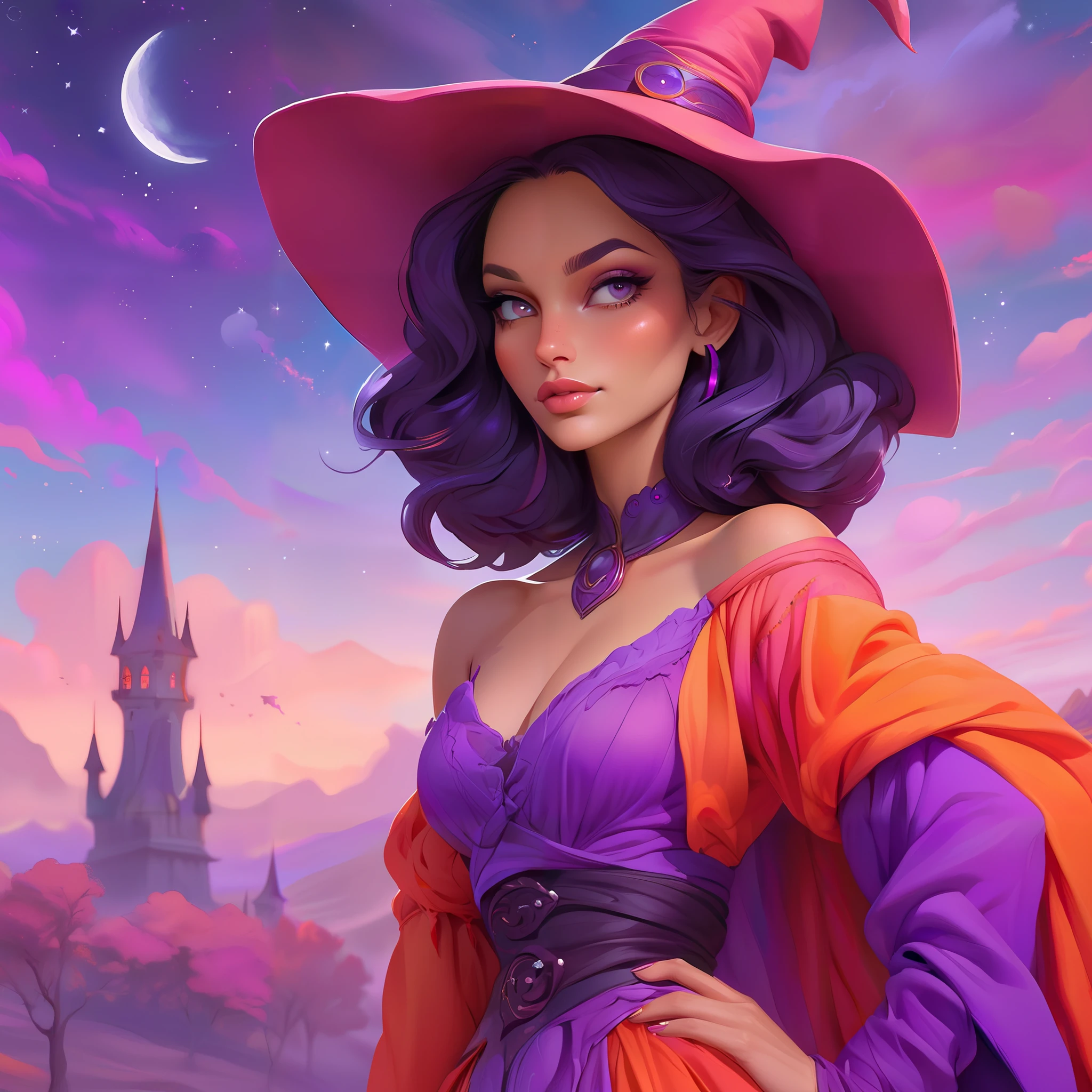 1woman, dreamscape witch, cute outfit dreamscape colors, detailed dreamscape background, colorful, purple orange and red, dreamscape landscape background, illustration