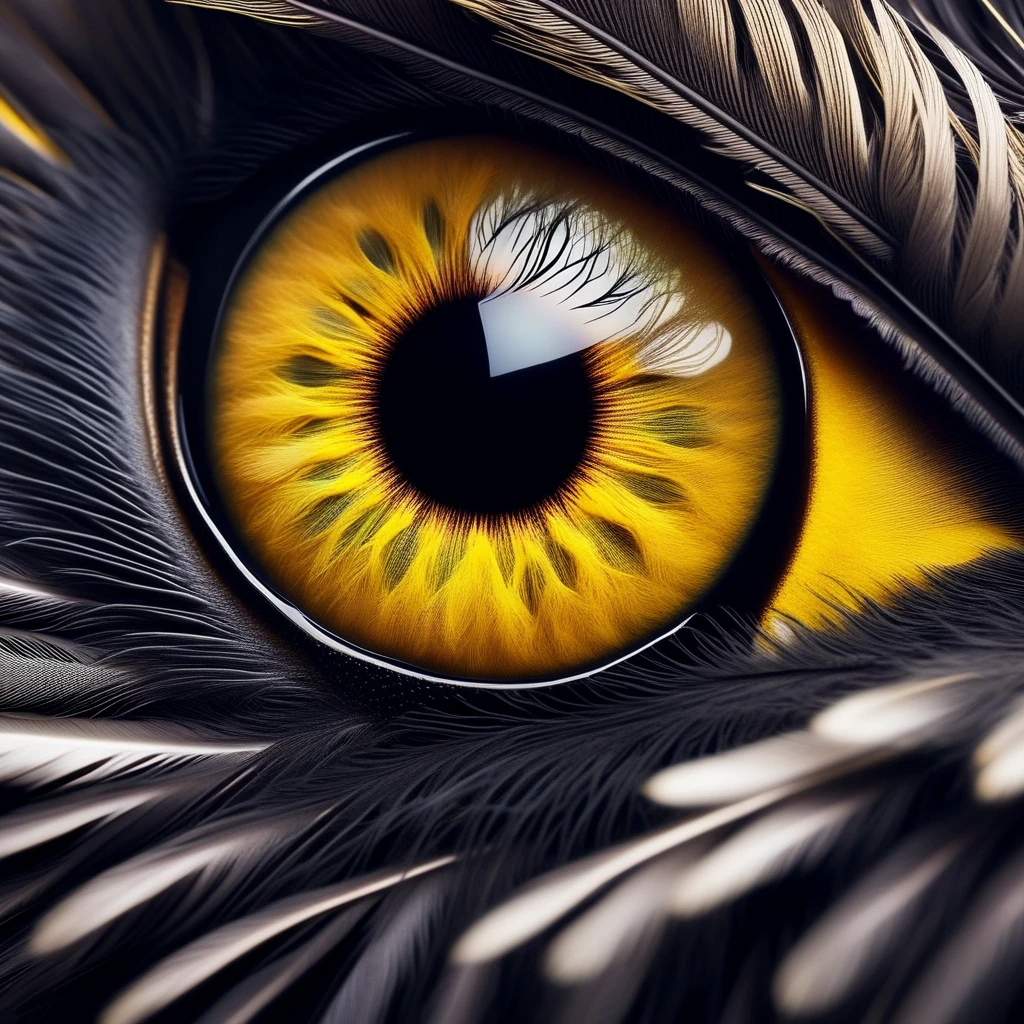 Macro shot of a bird’s eye with a bright yellow iris and black pupil, showcasing the delicate feathers around it.
