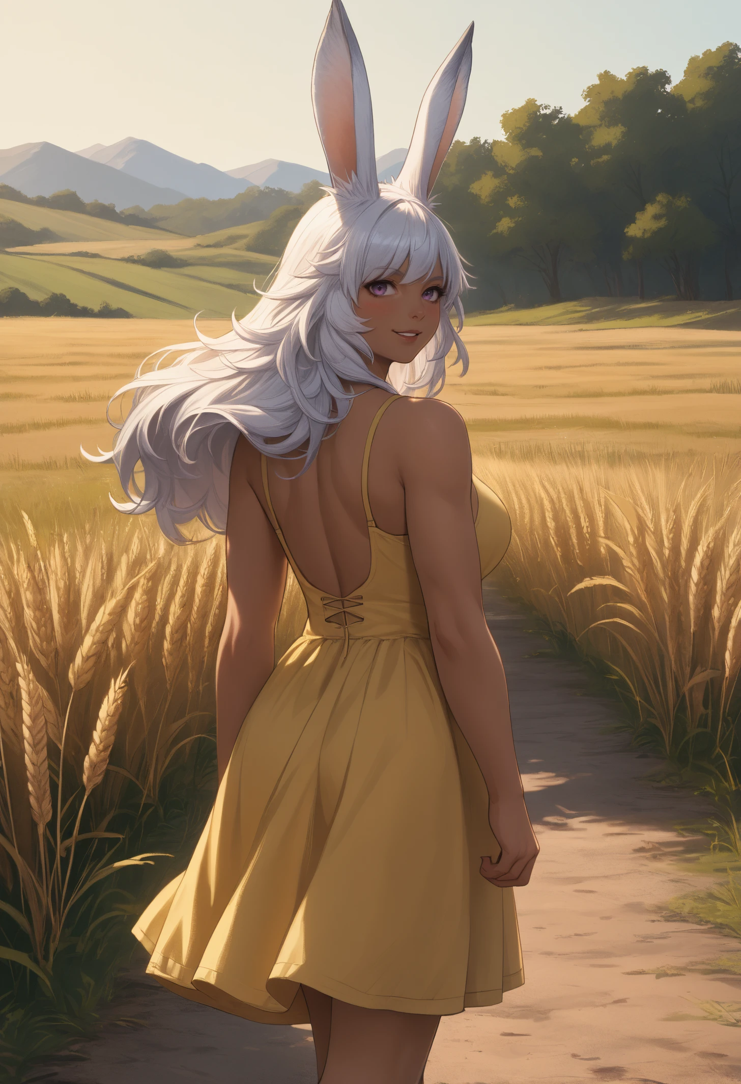 score_9, score_8_up, score_7_up, 1girl, LynaFF, dark-skinned female, animal ears, purple eyes, white hair, long hair, large breasts, toned,
yellow sundress,
looking at viewer, smile, blush, hands behind, parted lips, looking back, back, walking,
outdoors, wheat field, sunset,
<lora:LynaPDXL_V1-Manityro-CAME:1.0>,