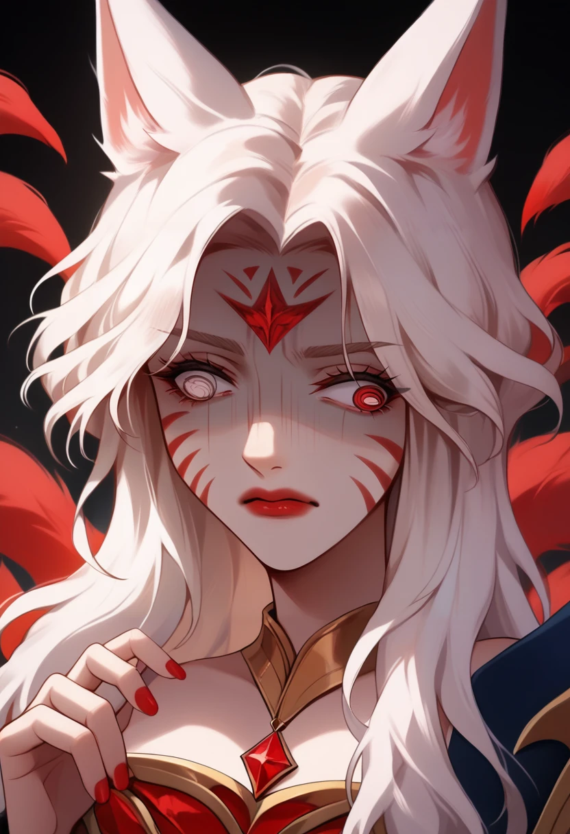 score_9, score_8_up, score_7_up, score_9, score_8_up, score_7_up, ahriImmortLgnd, animal ears, facial mark, fox tail, multiple tails, long hair, white hair, red eyes, large breasts, red lips, red nails, forehead mark, pendant, <lora:Ahri_ImmortalizedLegend_pdxl_Incrs_v1:1>, <lora:TraumatizedGotoh_pdxl_Incrs_v1:1.7> @ @, shaded face, upper body, shirt,