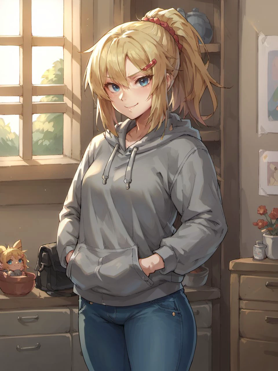 score_9, score_8_up, score_7_up, mikoyanstyle,
1girl, solo, long hair, looking at viewer, smile, hair ornament, long sleeves, closed mouth, blue eyes, standing, ponytail, hairclip, indoors, hood, blonde hair, hoodie, hood down, smug, grey hoodie, jeans, 
<lora:mikoyan_style_v1:1>,
<lora:fix_hands:1.5>