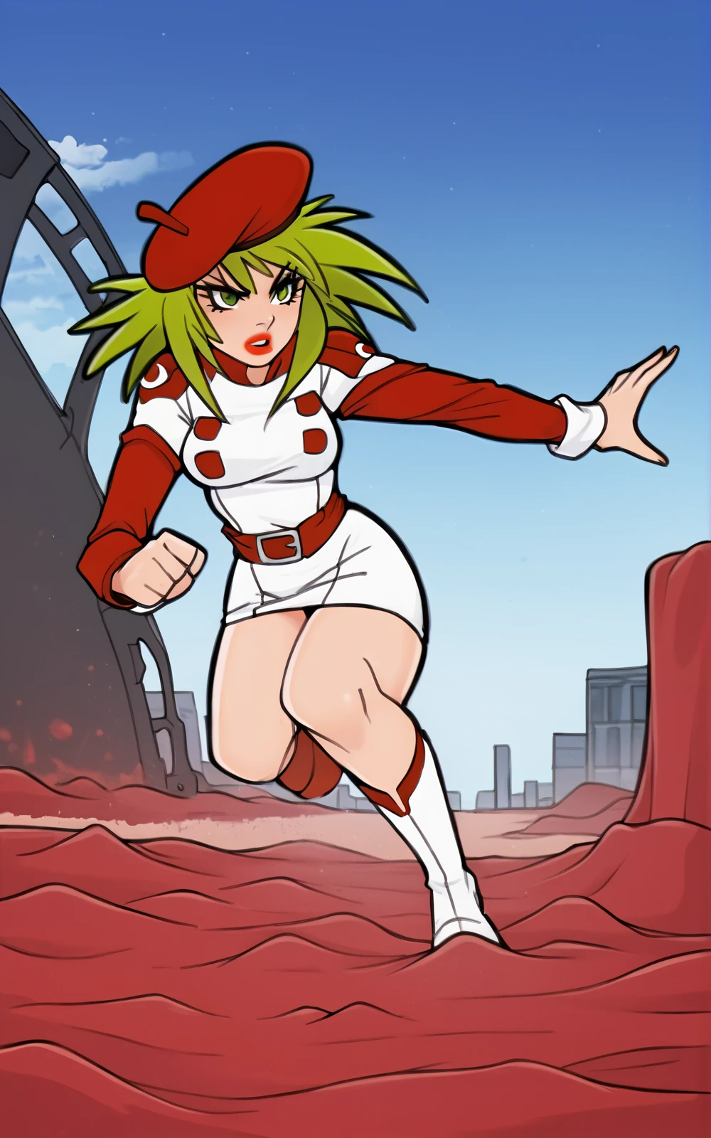 score_9, score_8_up, score_7_up,((best quality)), absurdres, <lora:AtashaPXL:0.8>,AtashaPXL, green hair, lipstick, beret, red beret, white dress, white boots, red belt, long sleeves,military uniform,red sleeves,short dress,white short sleeves,green eyes, <lora:JagodibujaStylePXL:0.8>,action pose,red sand, purple sky,buildings, futuristic , sci-fi