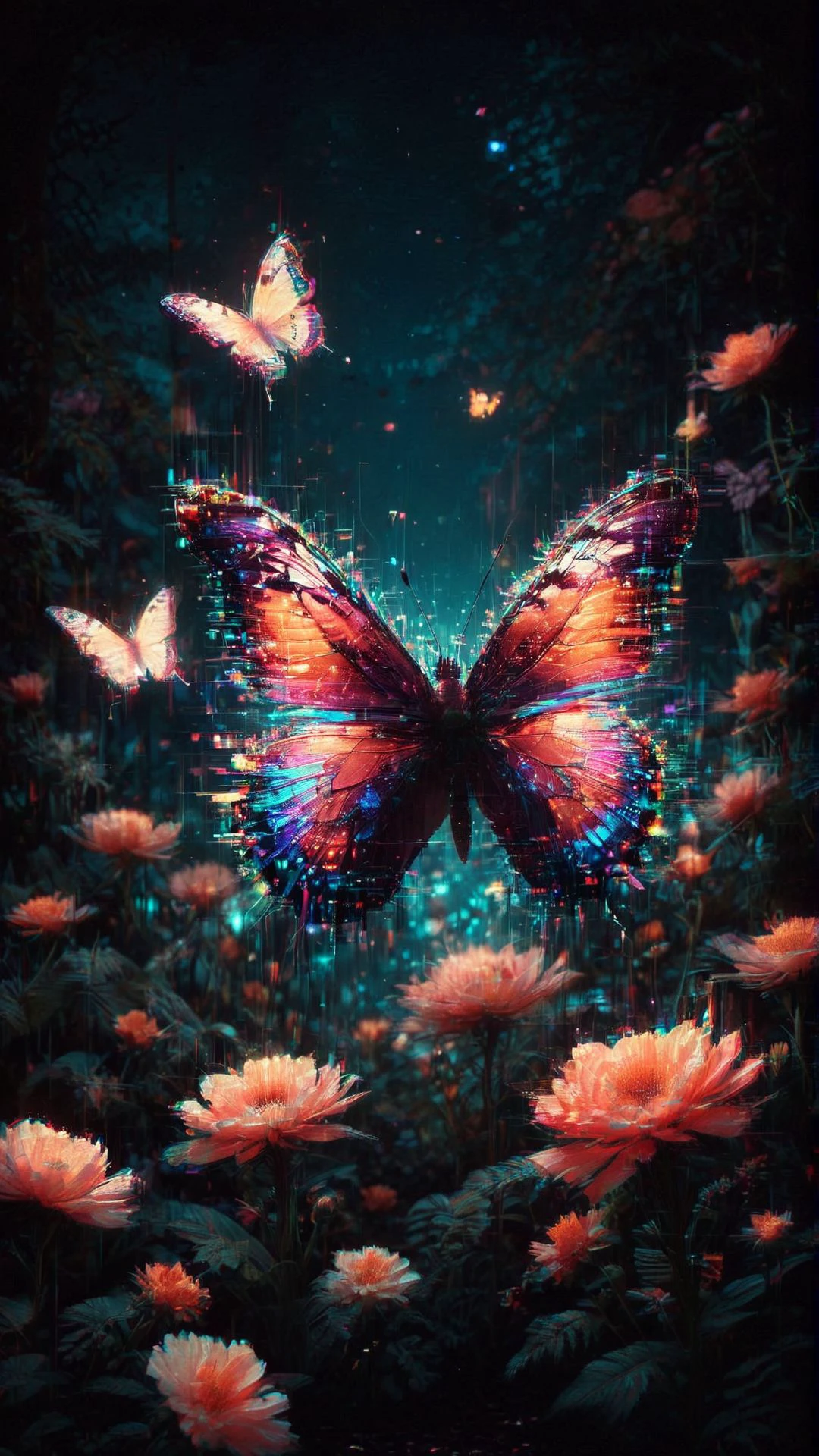 A detailed illustration of a glowing butterfly garden at night, with each butterfly emitting a soft, colorful glow that lights up the flowers. 
 <lora:aidmaGlitchStyle-v0.1:0.9> glitch,