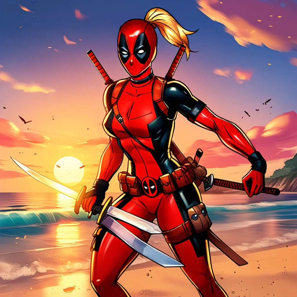 anime artwork full body portrait lady deadpool, ponytail, blond hair, body suit, holds swords on the beach, sunset <lora:LDP1024:0.8> . anime style, key visual, vibrant, studio anime,  highly detailed