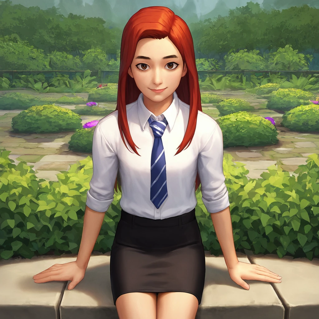 score_9,score_8_up, score_7_up, source_anime, BREAK
garden, outdoors, 
<lora:Tulipkarasu_SDXL:0.72>, tulipkarasu, 1girl, sitting, brown eyes, looking at viewer, (smile:0.7), red hair, long hair, solo, black skirt, jewelry, necktie, blue necktie, striped necktie, white shirt, collared shirt, sleeves rolled up, thighs