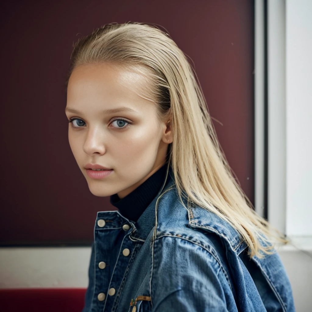 Lisbon,  <lora:BabetteStrijbos:1>22 year old babette strijbos, denim outfit, decently dressed, special angle, posing for a photogetting a haircut , 4k,raw,  fashion, masterpiece