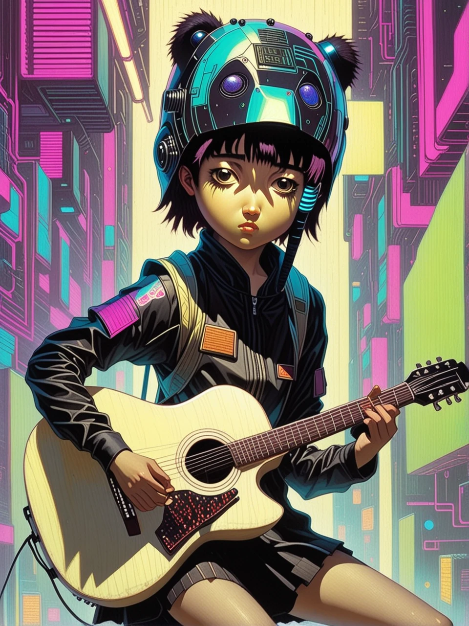 teen Iwakura Lain in in cyberpunk suit playing guitar childish face, , , looking serious, perfectly balanced, detailed hyperrealism, symbolism, double exposure, dynamic motion, , fractal art, by Greg Manchess