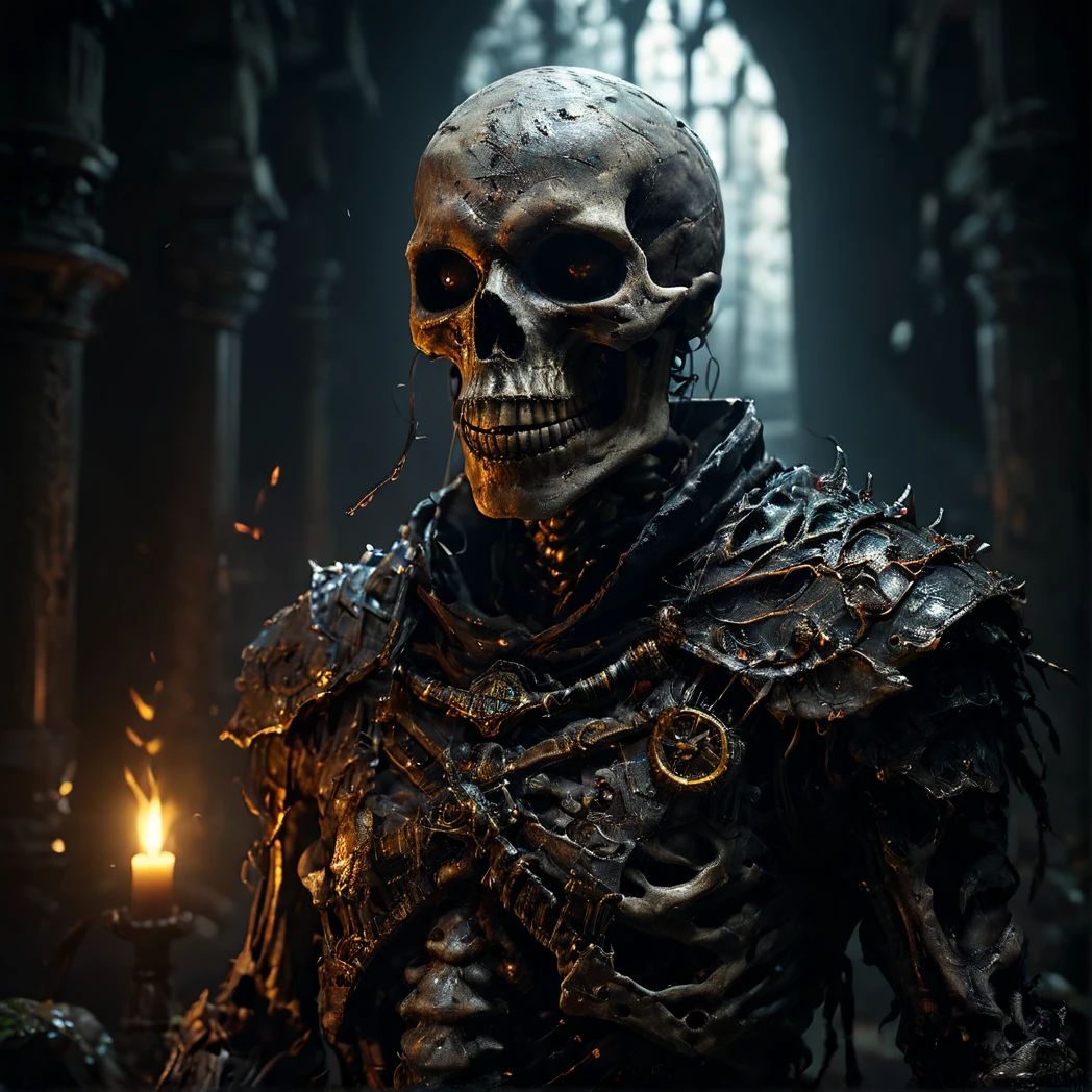 Skeleton, immense in stature, bones entwined with grisly adornments, eyes glowing menacingly from deep sockets, 
surrounded by the remnants of vanquished foes, eerie backlighting, chilling atmosphere, sinister focus, ultra realistic, volumetric shadows, dark, volumetric lighting, highly detailed background,High-Quality Artwork, ultra realistic, Wide angle Environmental,Unreal Engine,
 hdr, hyperdetailed, cinematic, dark shot, muted colors, RTX, full details,cinematic lighting,
best quality, ultra-detailed, high res, lighting, ray tracing, realistic, depth of field, High detail RAW color, 
 detailed, intricate,photorealistic, Unreal Engine, 
ultra realistic background, ultra realistic Environmental,
realistic, highly detailed, 
cinematic light, realistic, symmetrical, harsh lighting, 
cinematic lighting, contrast,hasselblad, hard light, 
gigapixel, 85mm, F/4, photorealistic,
intricate details, hdr, hyperdetailed, cinematic, dark shot, muted colors, RTX,
 cinematic film still, subsurface scattering, ray tracing, volumetric lighting, guts, badass,
High-Quality Artwork, ultra realistic, Wide angle Environmental, 
High-Quality Artwork, ultra realistic, 8k render,
 highly detailed, dark fantasy, cataclysmic, absurdres,
horror, sharp focus, highres, intricate detail,
highly detailed background, shallow depth of field, digital art style,  
photorealistic, RAW image, 
8k high resolution, RAW candid cinema, 16mm, color graded Portra 400 film, ultra realistic, 